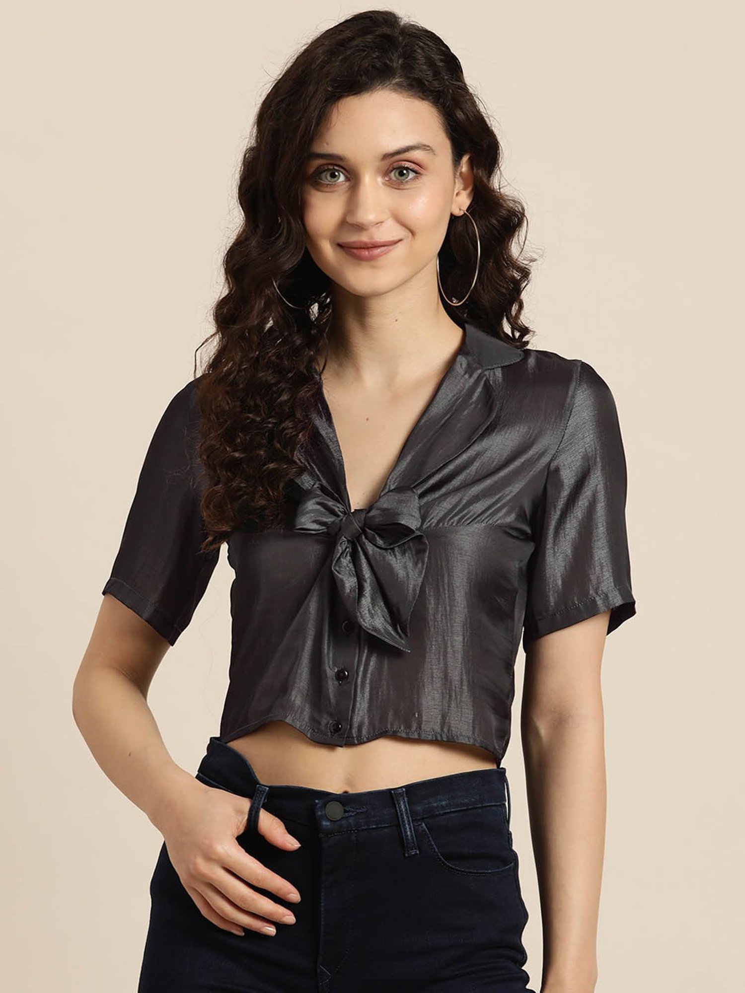 Qurvii Dark Grey Silk Crop Top
