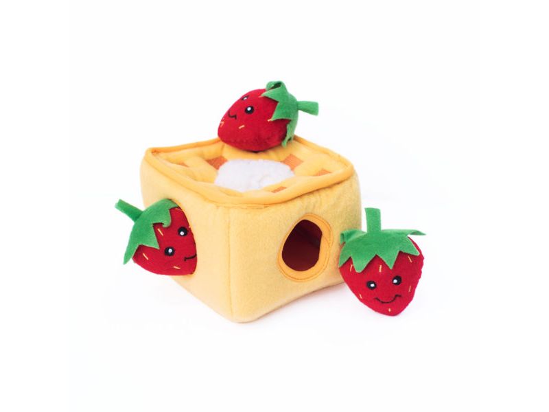 ZippyPaws - Food Buddies Burrow, Interactive Squeaky Hide and Seek Plush Dog Toy - Strawberry Waffles