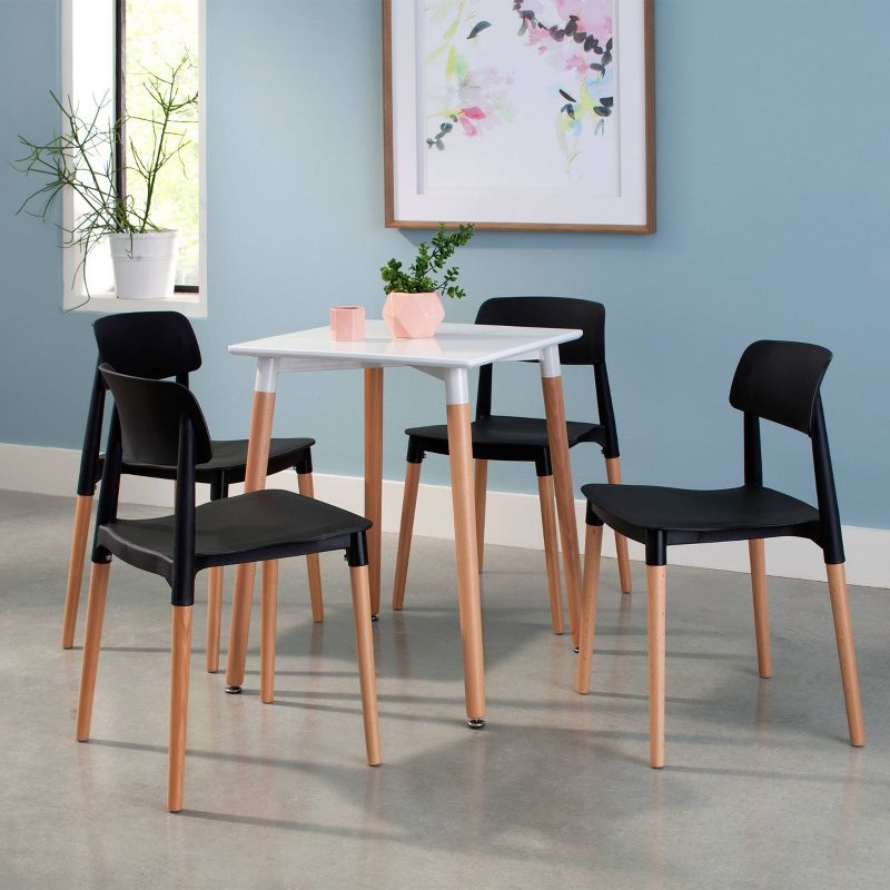 Set of 4 18" Mid-Century Modern Plastic Molded Dining Chairs with Solid Natural Wood Legs Black - OFM