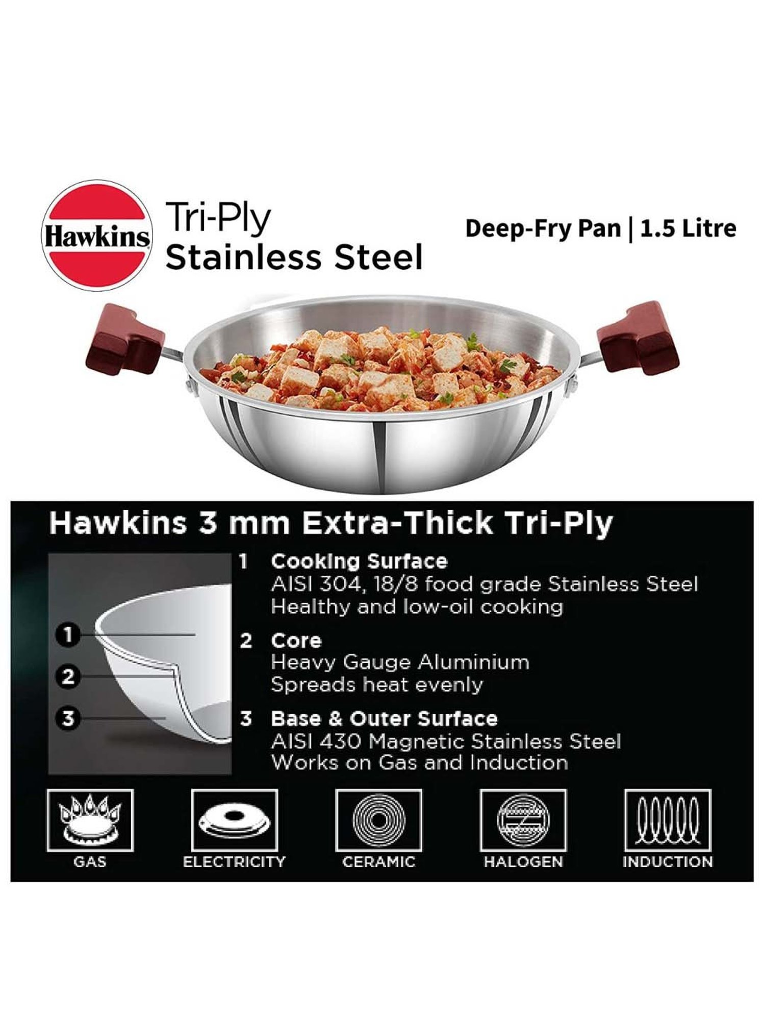 Hawkins Silver Stainless Steel 22.03 cm Gas & Induction Compatible Kadai (1.5 L)