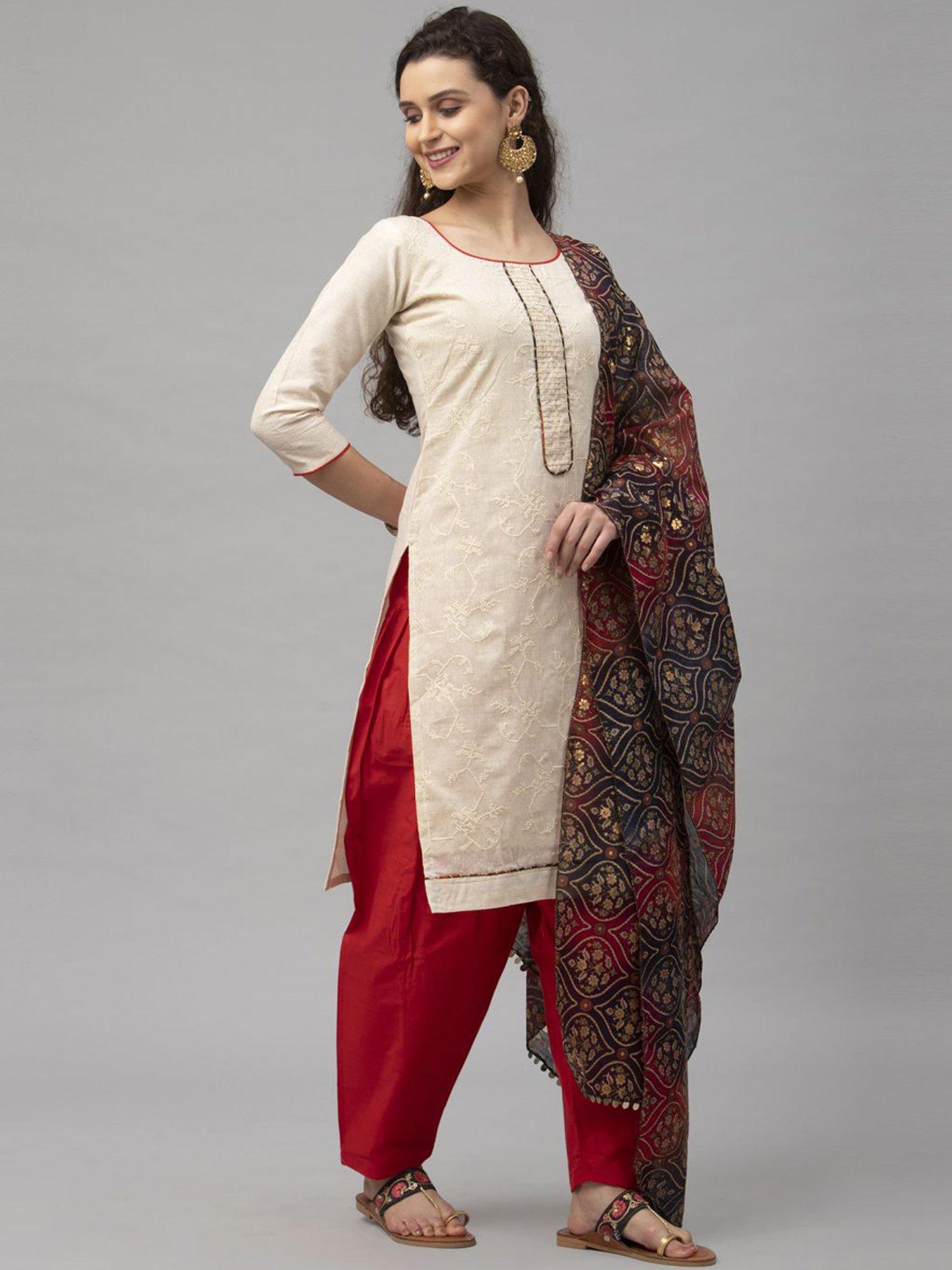 Satrani Beige & Red Embroidered Unstitched Dress Material
