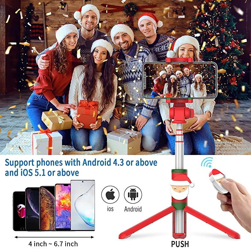 Bluetooth Selfie Stick Tripod with Wireless Remote Shutter Compatible with iPhone 11X876 Series Samsung Galaxy S10S9S8Note Series Huawei Other SmartphonesChristmas Santa