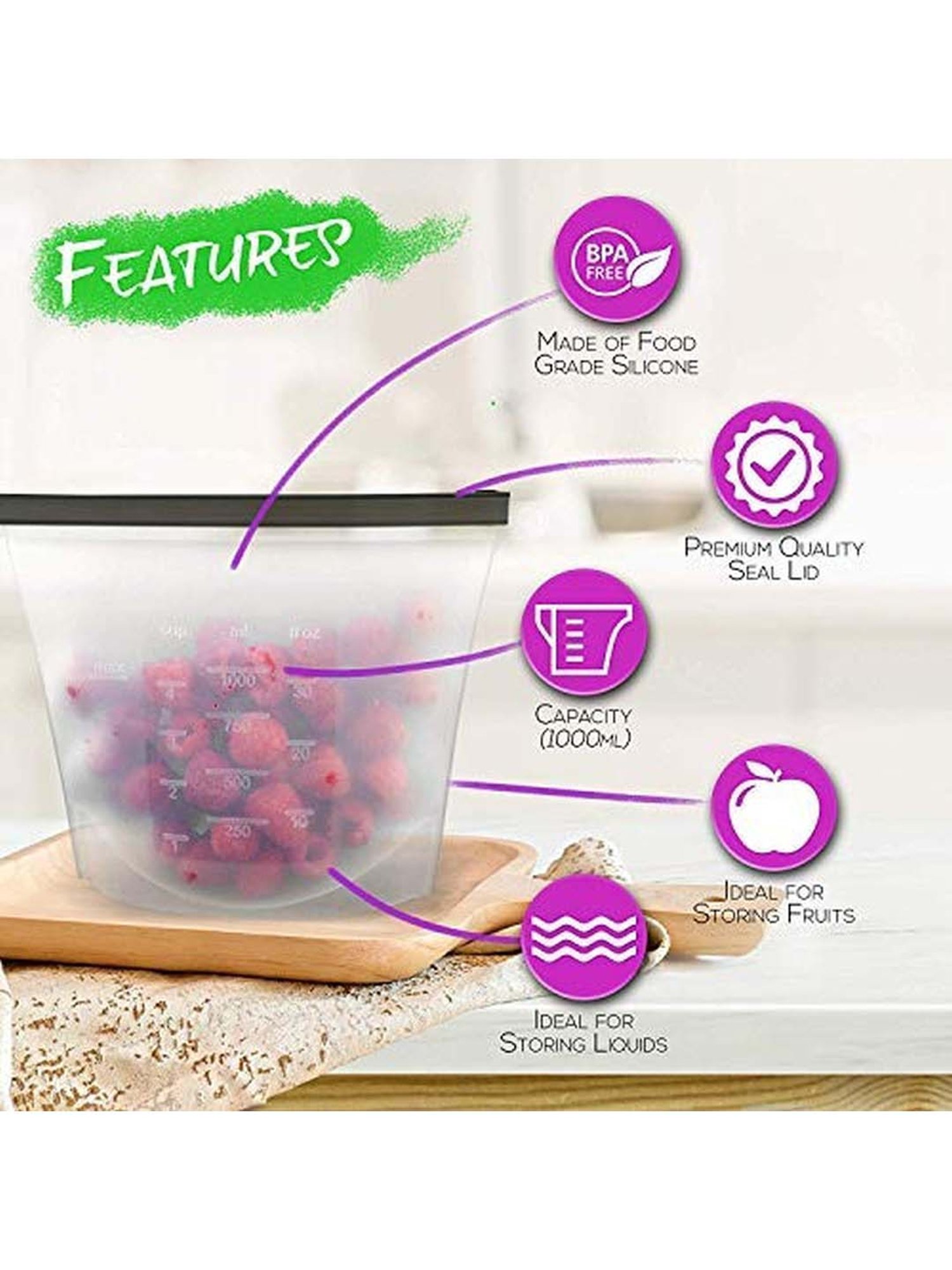 Femora Blue Silicone Reusable Food Preservation Bag (1500 ml) - Set of 1