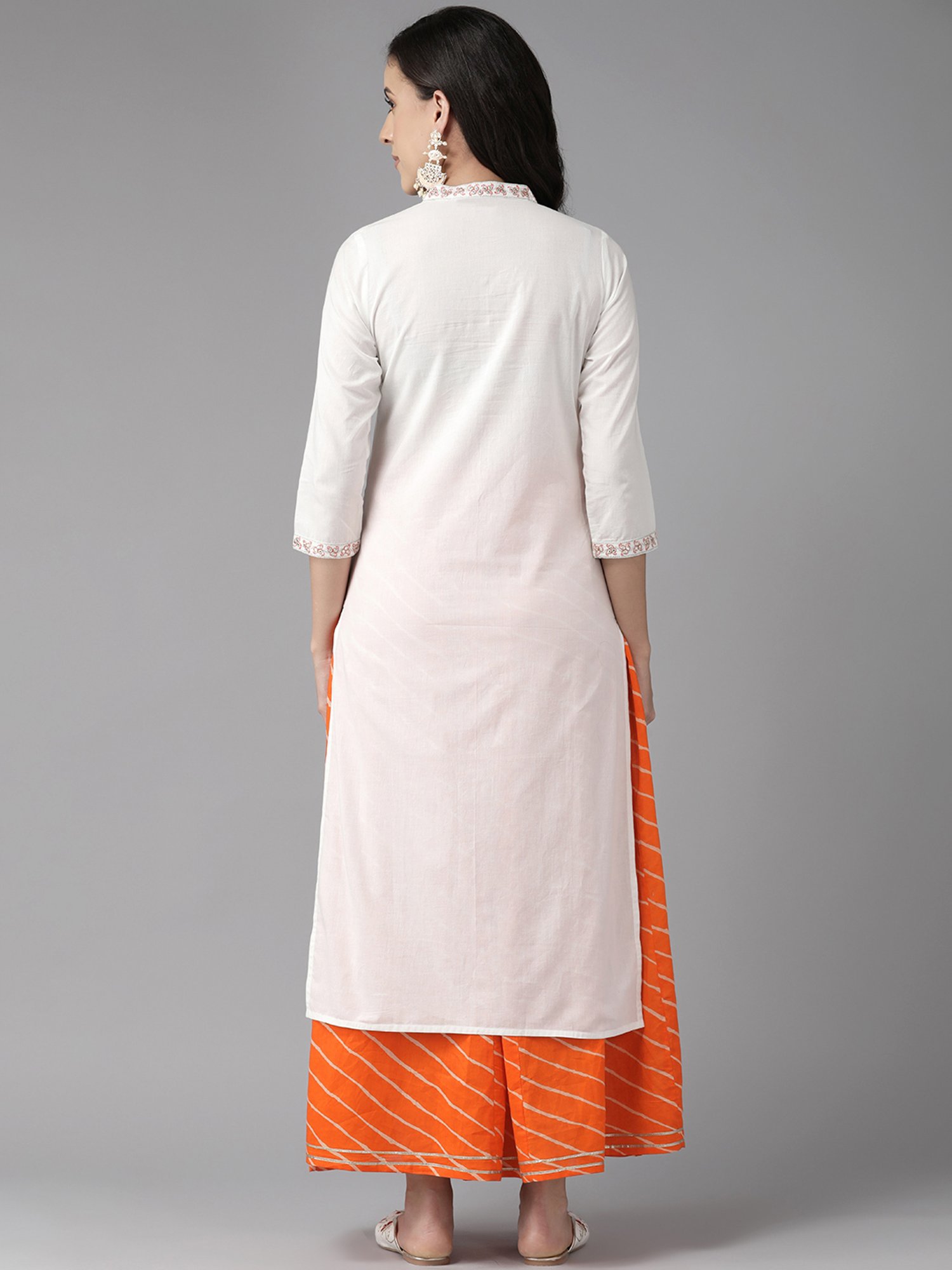 Prakrti White & Orange Cotton Embroidered Kurta & Palazzo Set