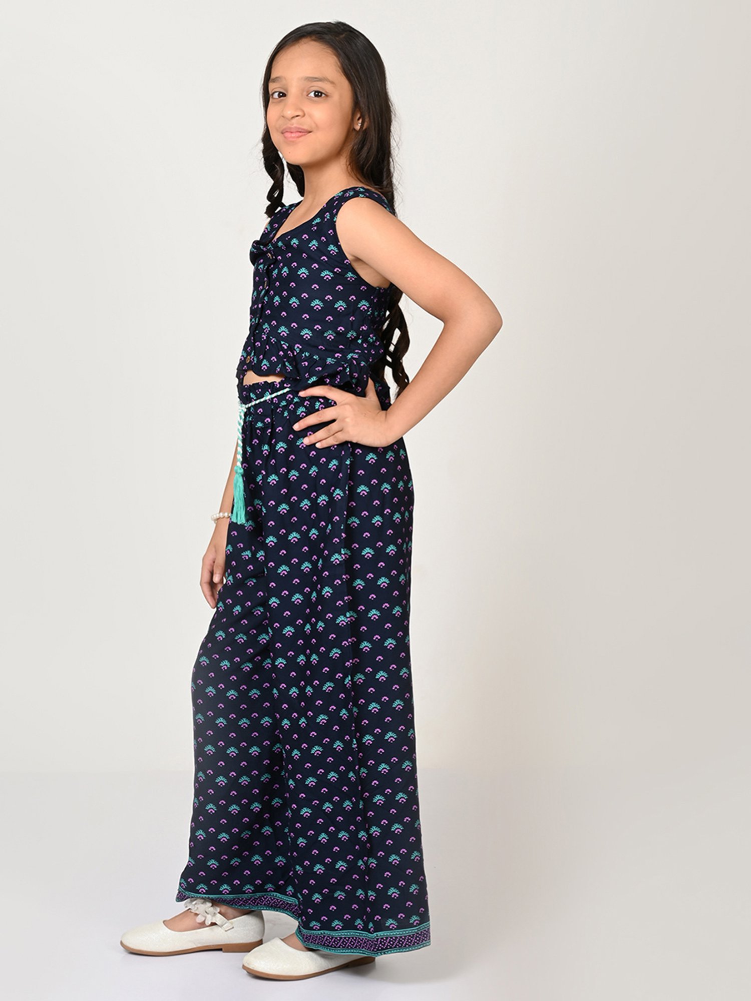 Lil Drama Kids Navy Printed Crop Top with Plazzos