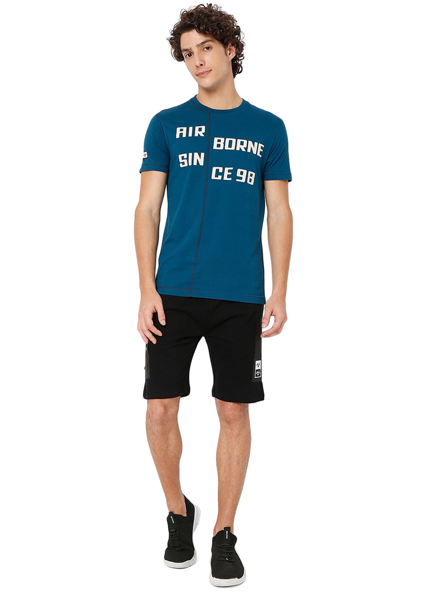 Mufti Teal Slim Fit Printed Crew T-Shirt