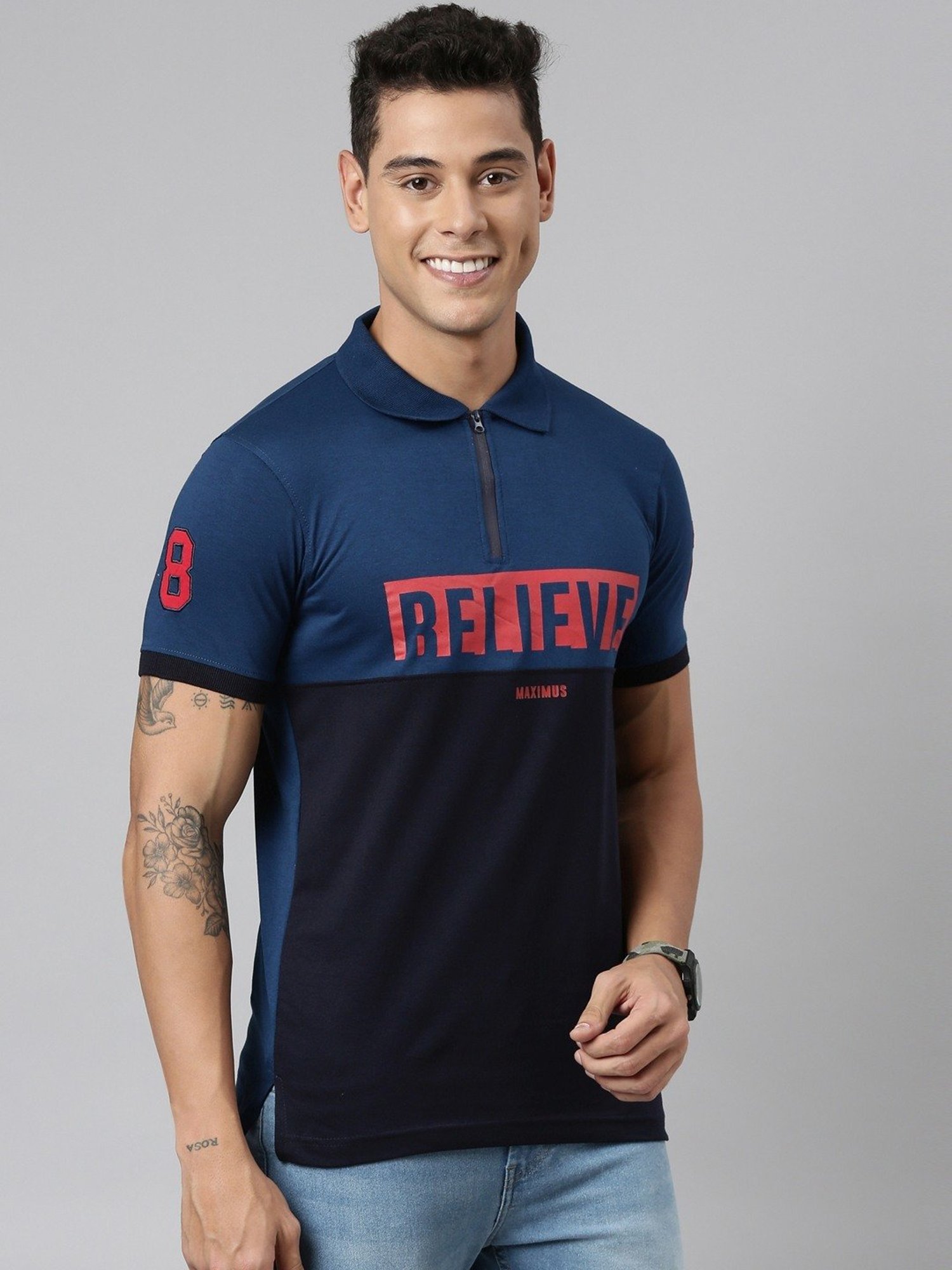 Dixcy Scott Maximus Blue Cotton Regular Fit Printed Polo T-Shirt