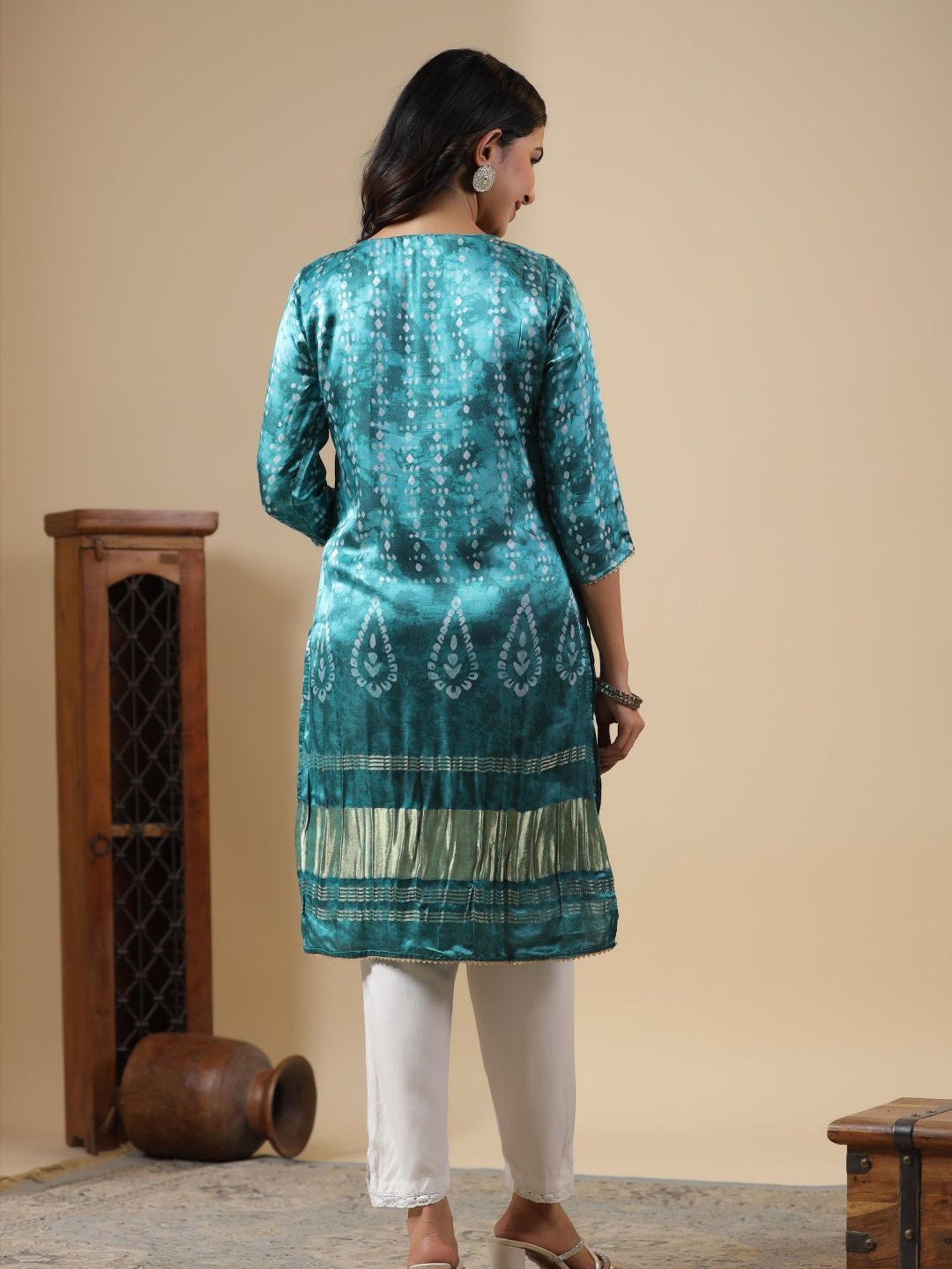 SCAKHI Teal Gaji Silk Printed Kurta