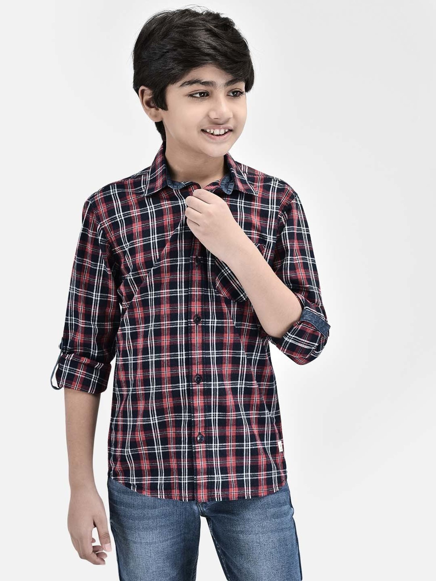 Crimsoune Club Kids Red & Navy Cotton Chequered Full Sleeves Shirt