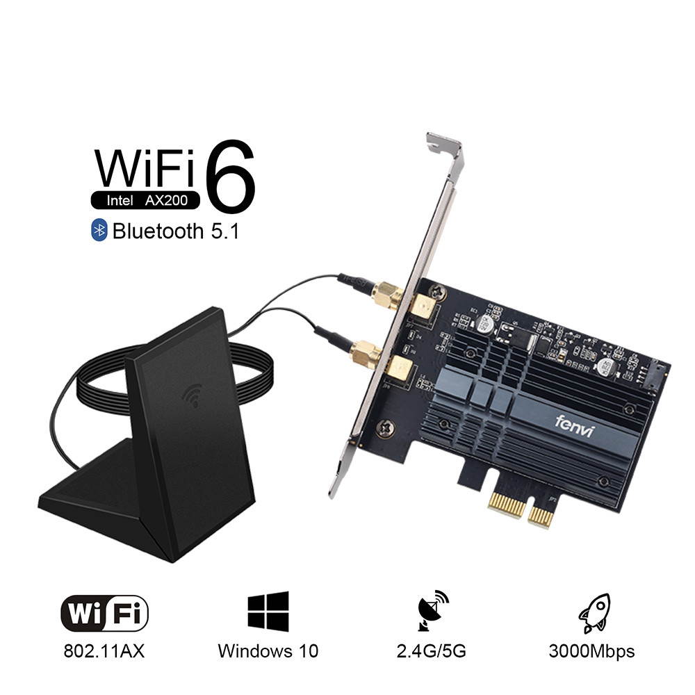 fenvi FV-AX3000 Wifi 6 3000Mbps PCIe Wireless Wifi Adapter Intel AX200 Network Wlan Card Bluetooth 5.1 For PC, IEEE 802.11ax/ac, Dual Band 2.4Ghz/5Ghz, MU-MIMO, Windows 10, PCI Express Magnet Antenna