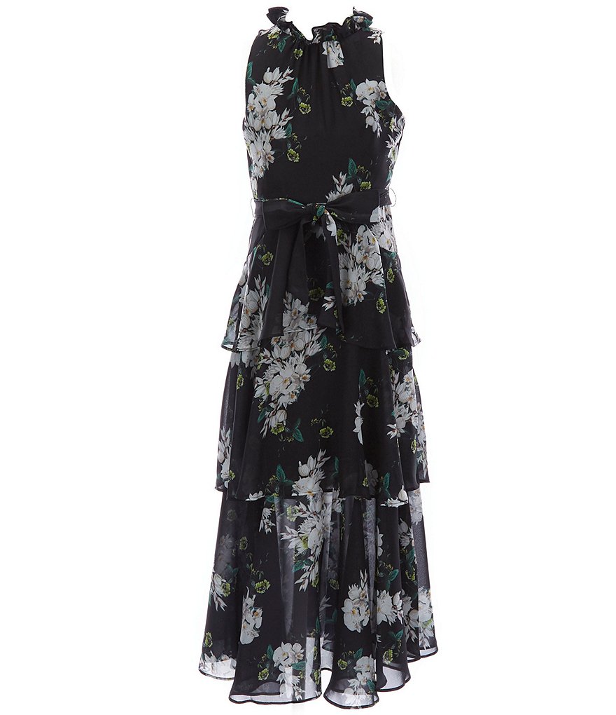 Zunie Big Girls 7-16 Sleeveless Tie-Waist Floral Print Tiered Mesh Skirt Maxi Dress