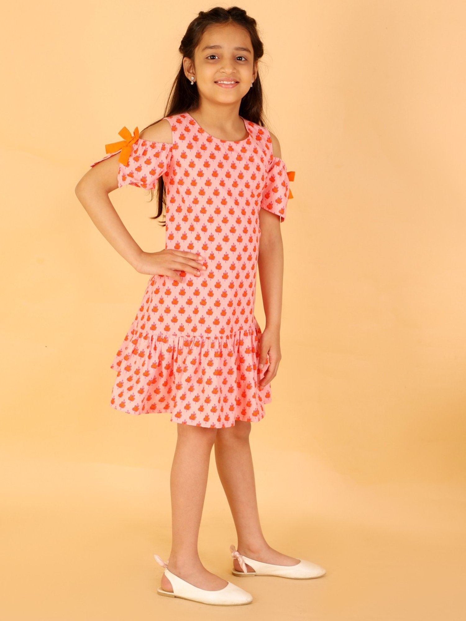 Lil Drama Kids Orange Cotton Printed Dress