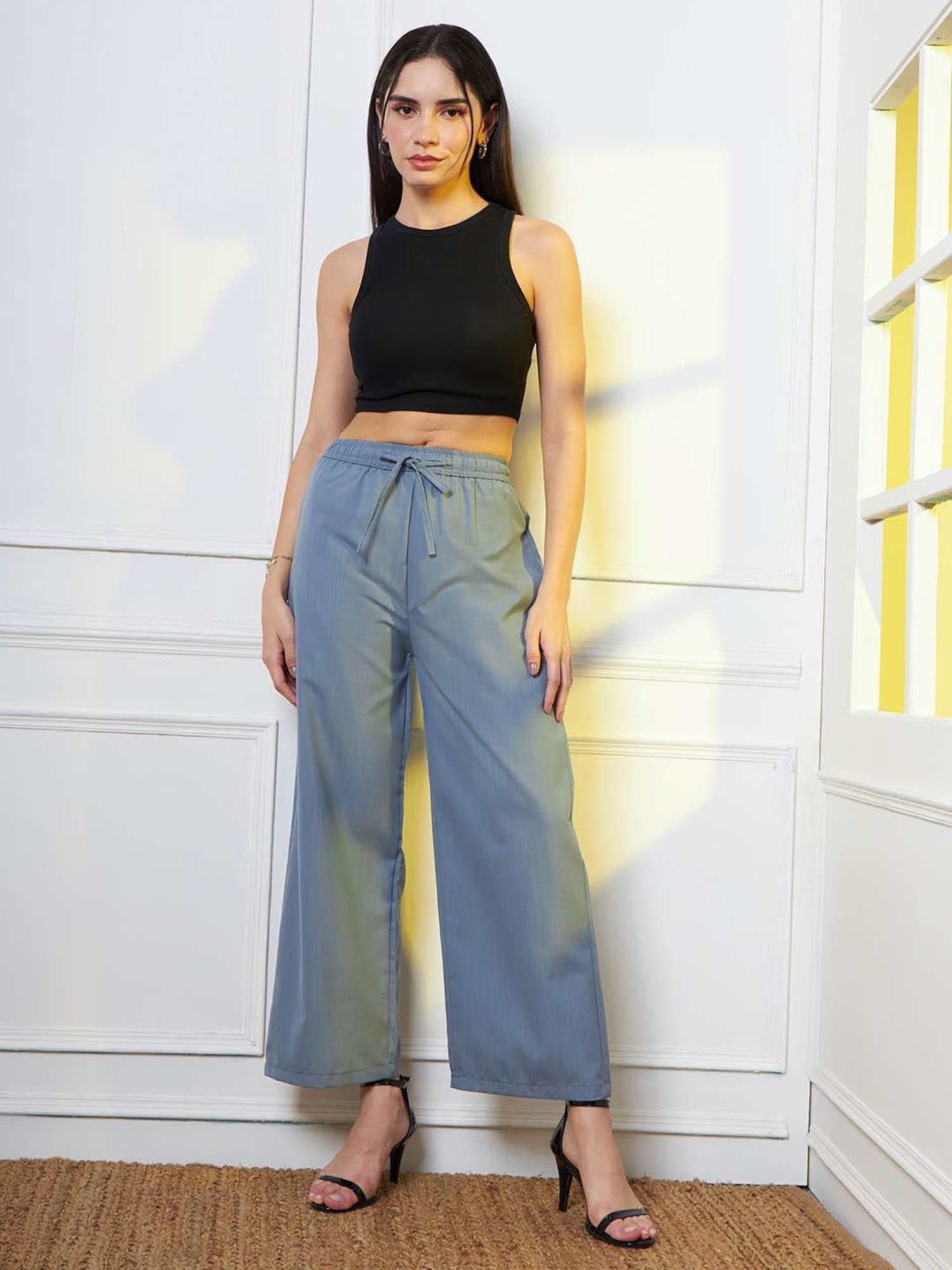 FITHUB Blue Straight Fit High Rise Trousers