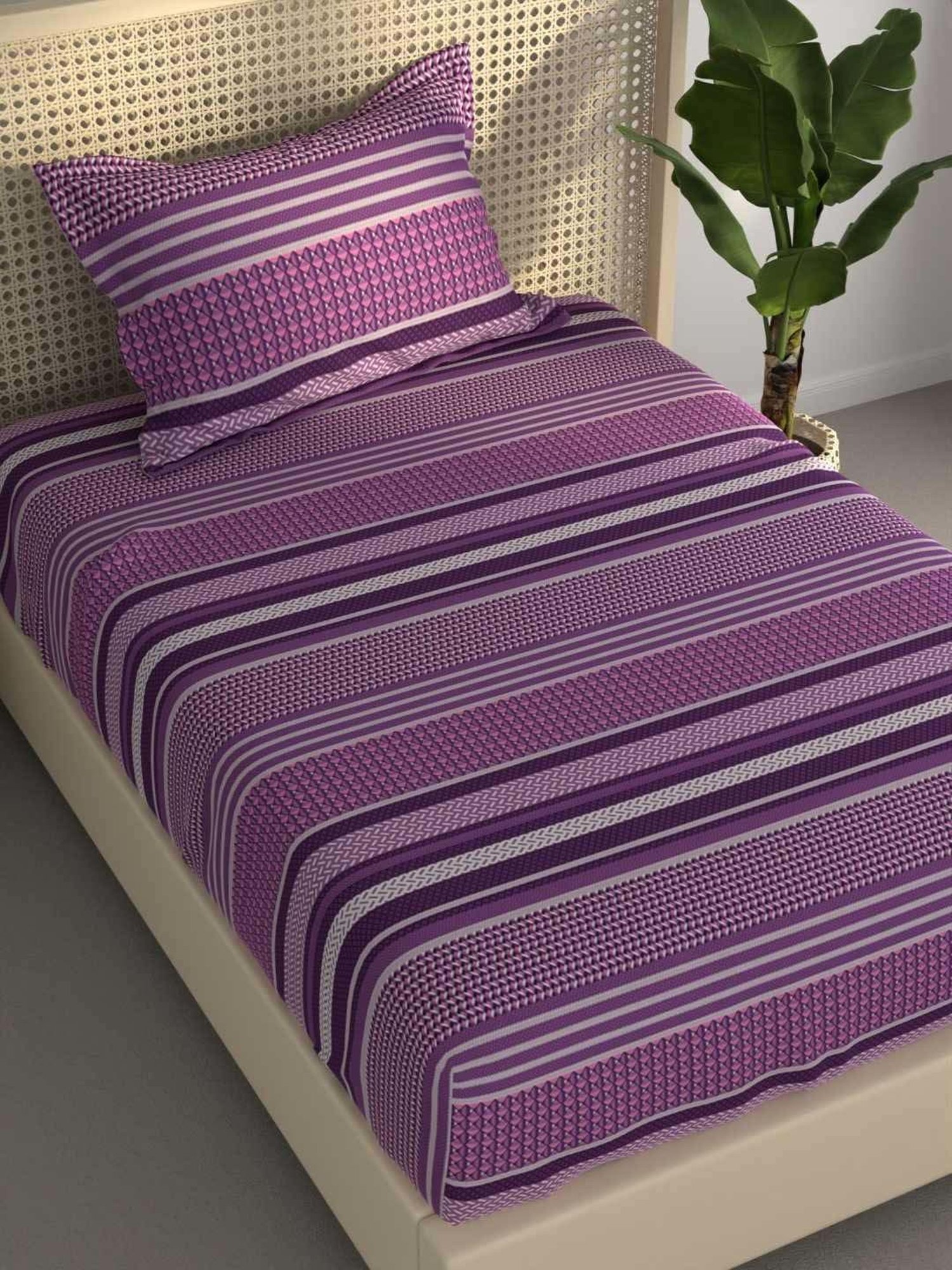 BIANCA Estonia Pink & Purple Cotton 116 TC 115 GSM Single Size Bedsheet With Pillow Cover