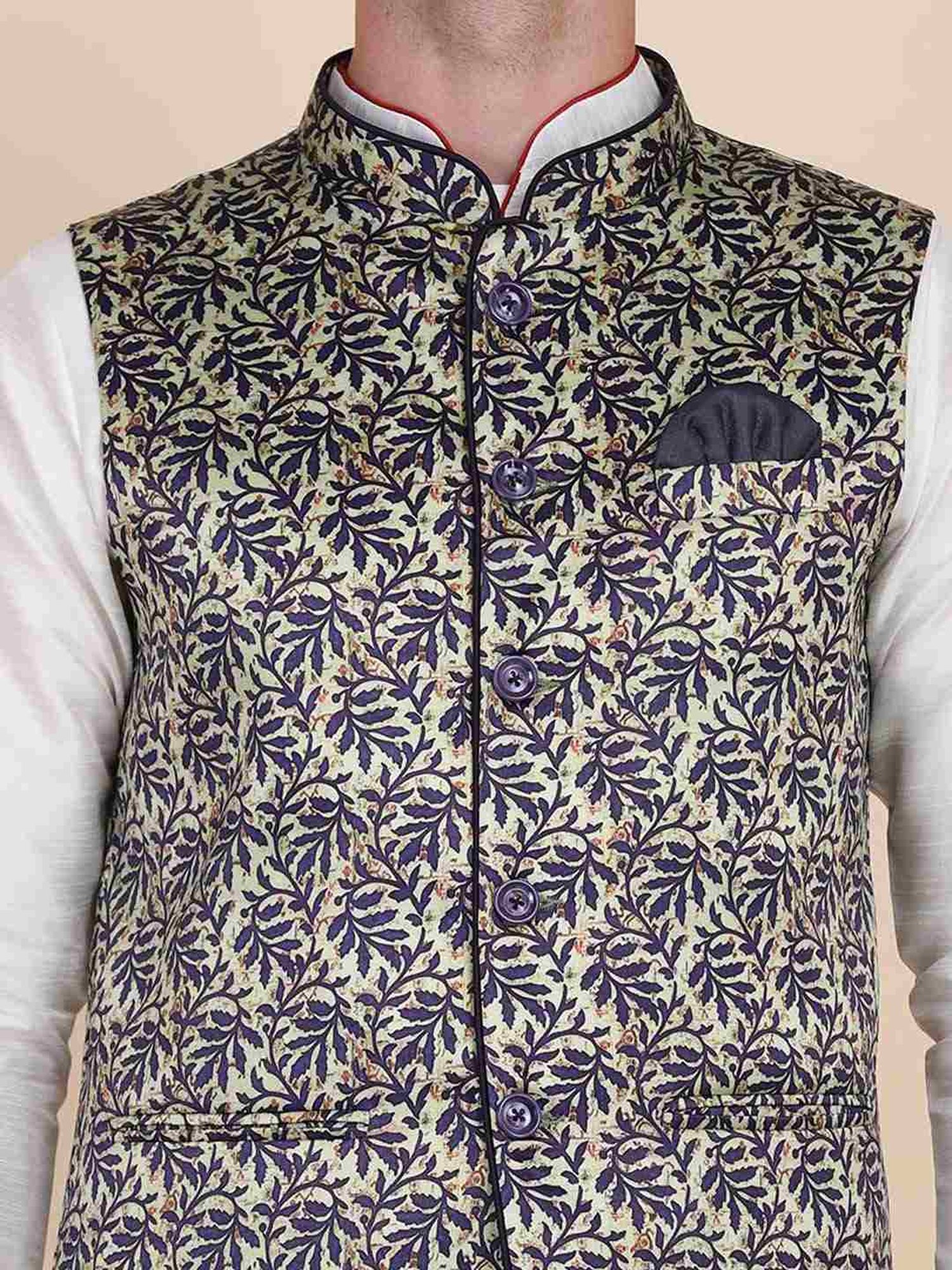 TAHVO Green & Blue Satin Slim Fit Printed Nehru Jacket
