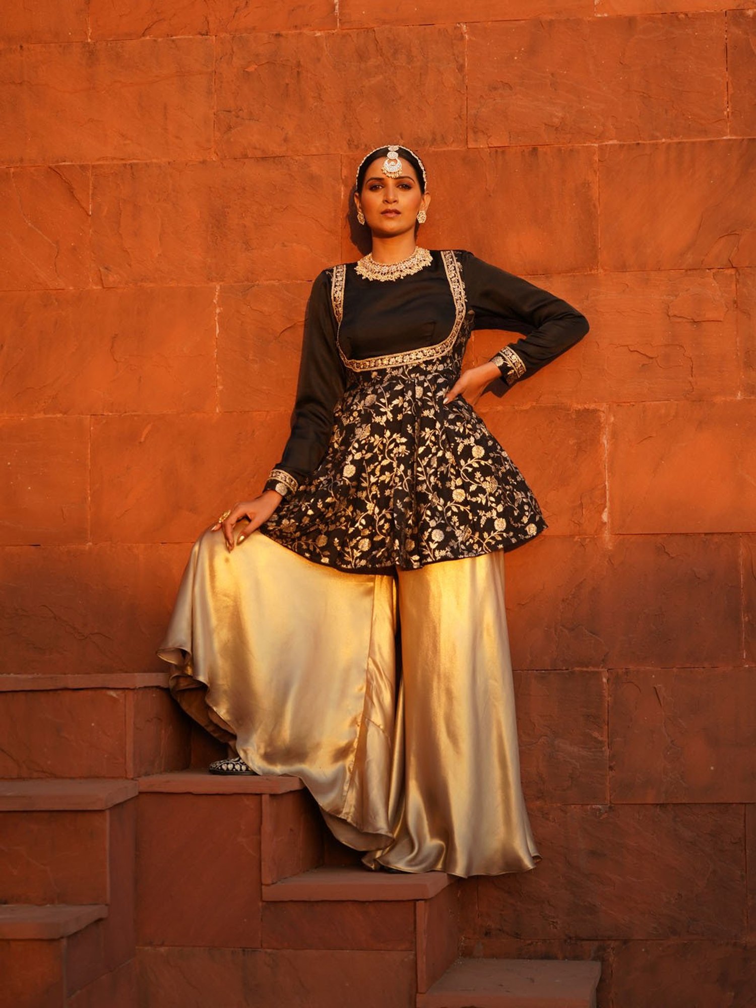 Monk and Mei Yasmin Peplum Top with Satin Sharara Pants