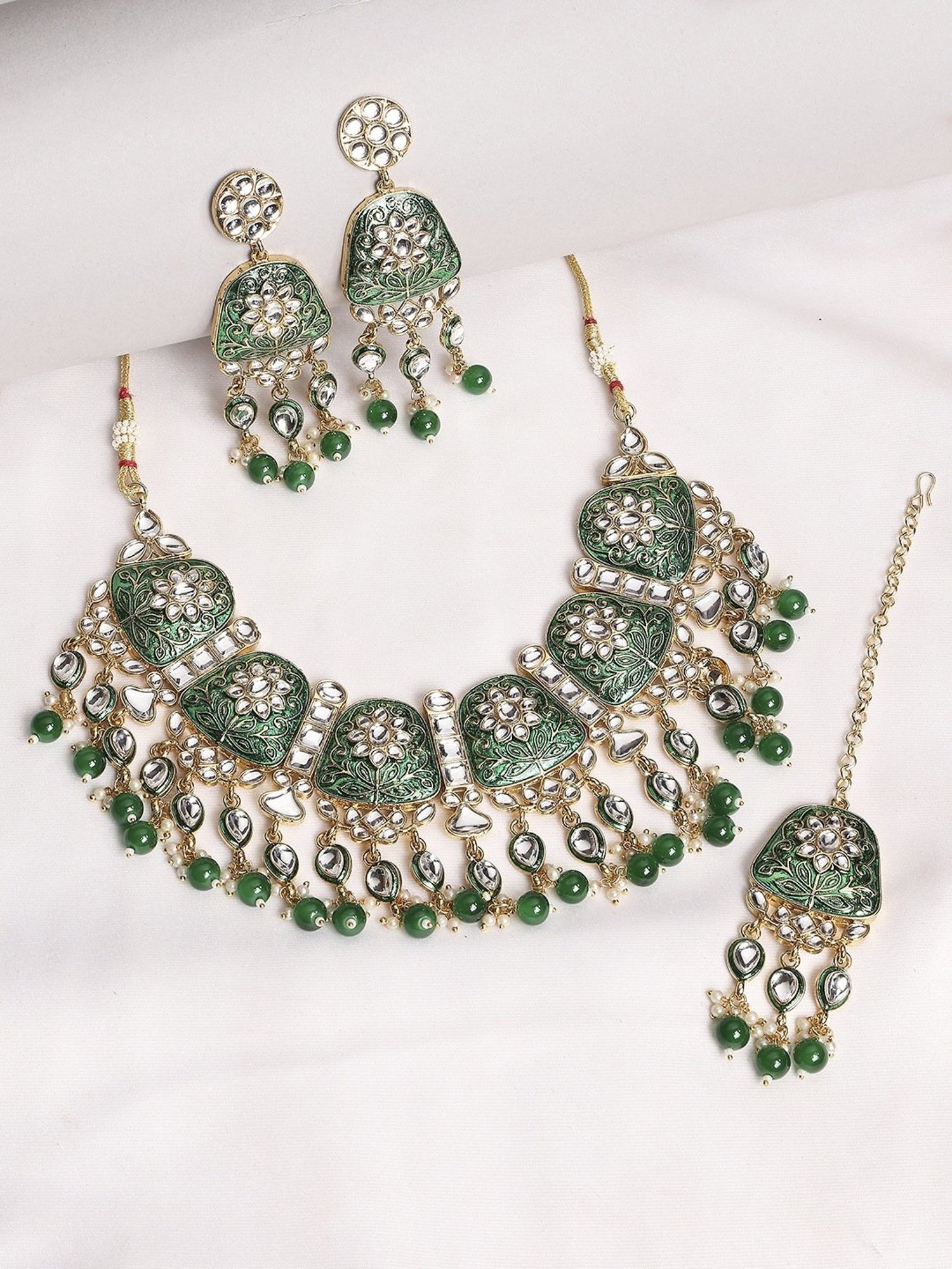 Oomph Green Meenakari Ethnic Necklace Maangtikka & Earrings Set