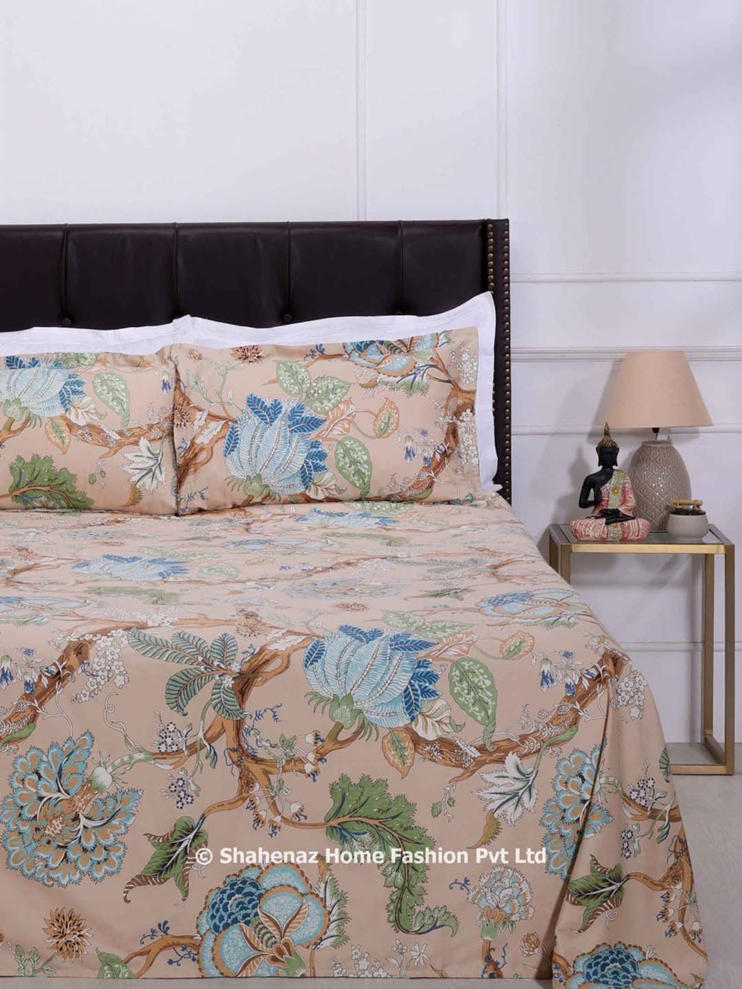 Shahenaz Beige & Blue 300 TC Cotton Magnolia Vine Luxury Double Bedsheet with 2 Pillow Covers