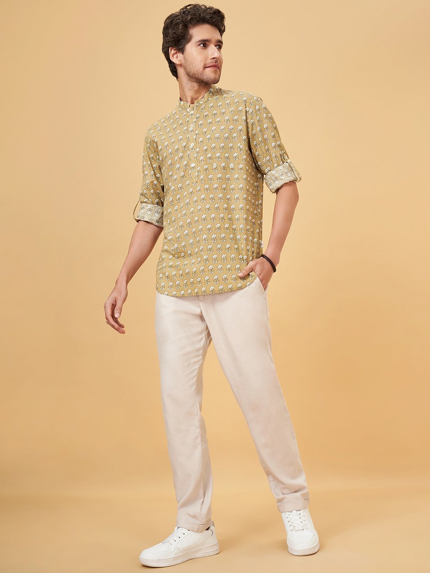 Indus Route By Pantaloons Honey Mustard Cotton Regular Fit Printed Short Kurta