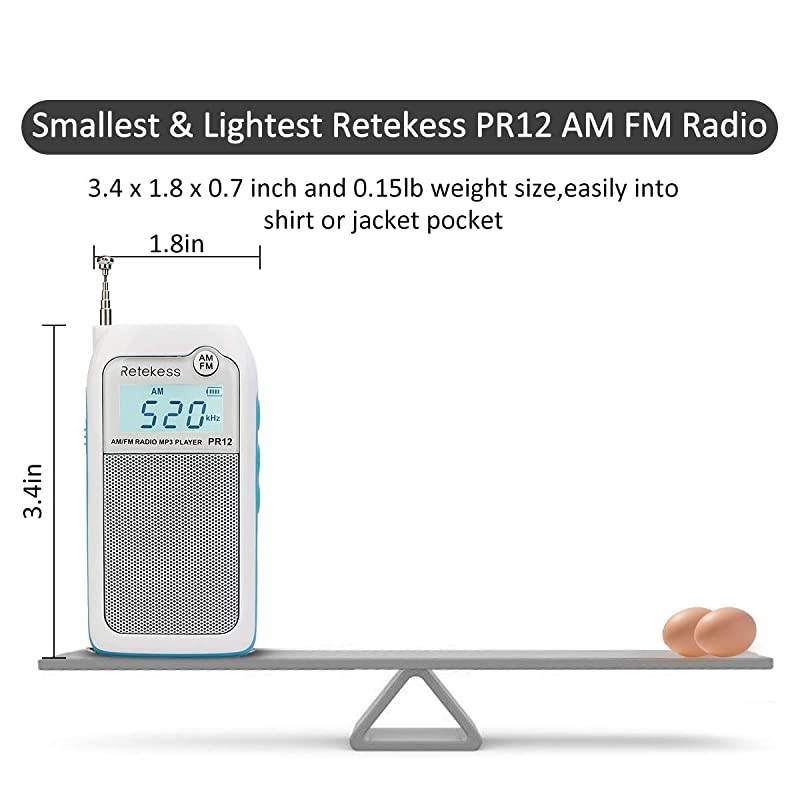 PR12 Portable Pocket Radio AM FM, Small Personal Radio, Digital AM FM Radio with Headphone Socket and Clear Display for Walking (White)