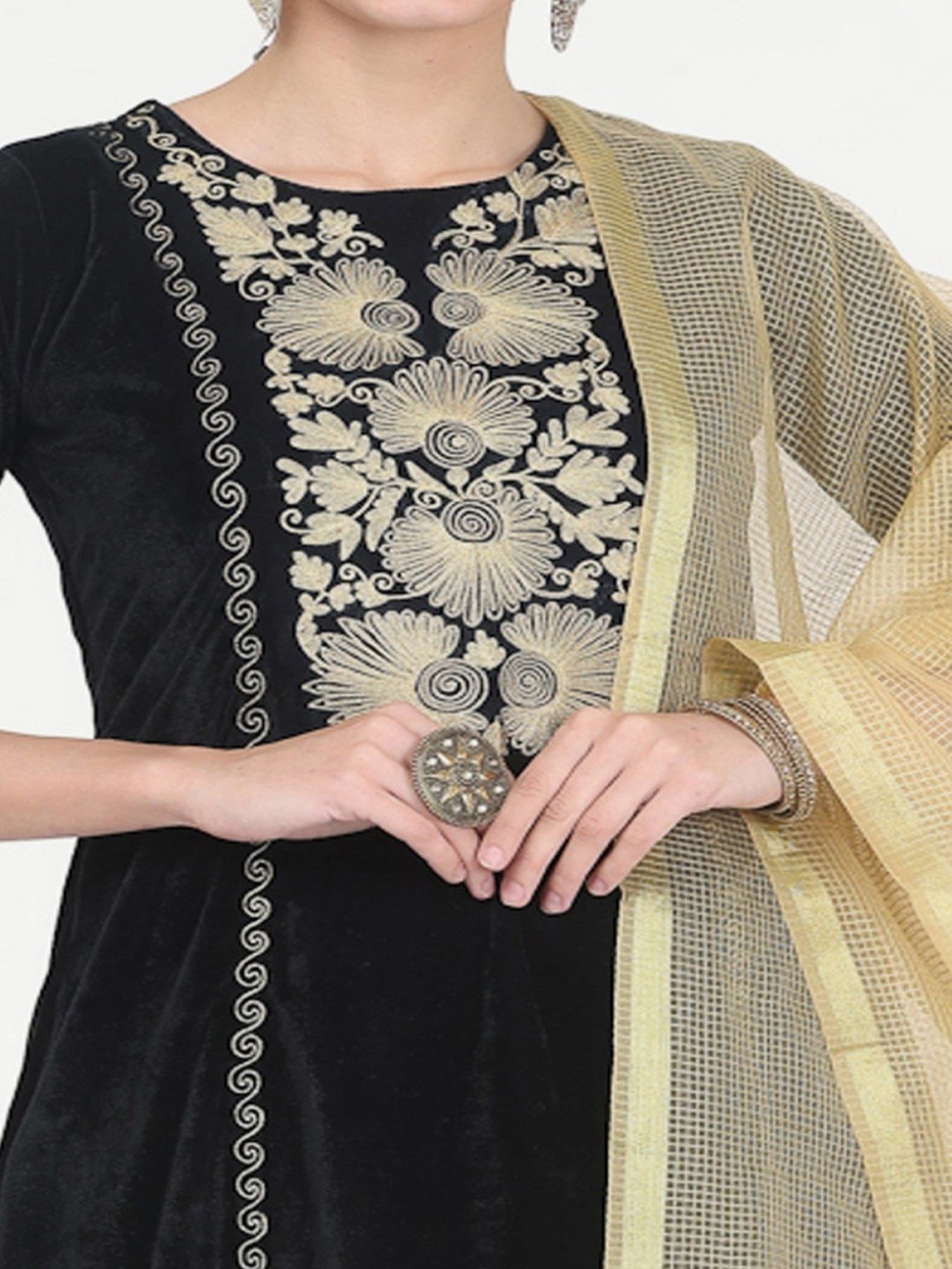 Kaanchie Nanggia Black Embroidered Kurta Palazzo with Chanderi Dupatta