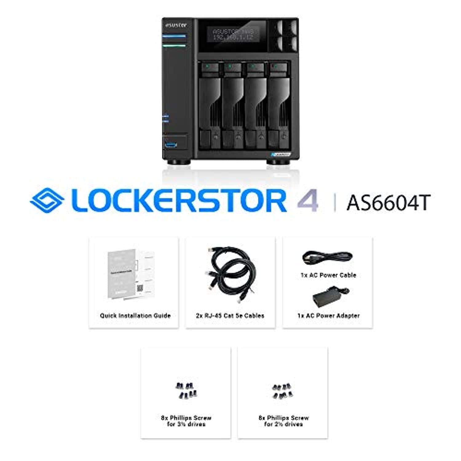 Asustor Lockerstor 4 AS6604T - 4 Bay NAS, Quad-Core 2.0GHz CPU, 2 2.5GbE Ports, 4GB RAM DDR4, 2 M.2 SSD Slots, Network Attached Storage (Diskless) (AS6604T)