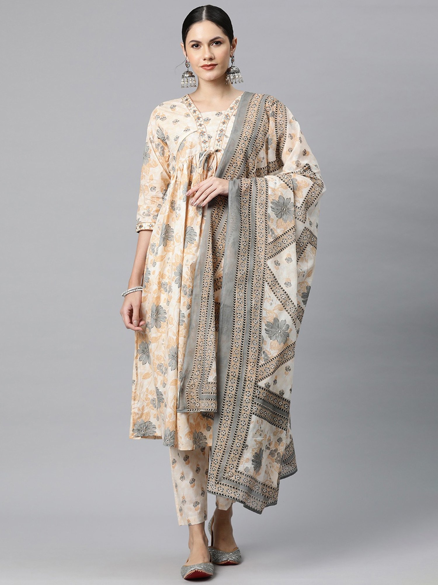 READIPRINT FASHIONS Beige Cotton Floral Print Kurta Pant Set With Dupatta