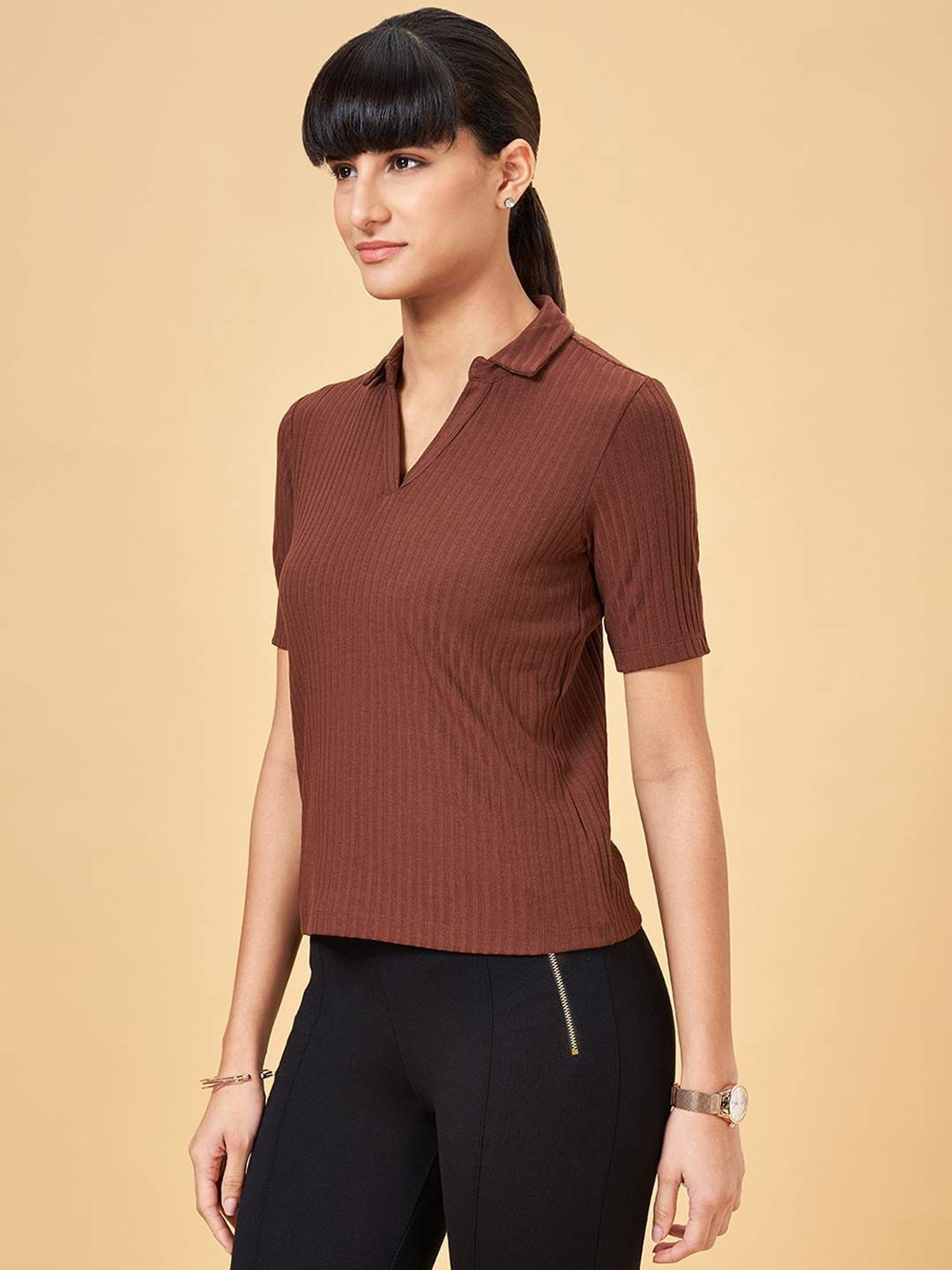 Annabelle by Pantaloons Brown Striped Top