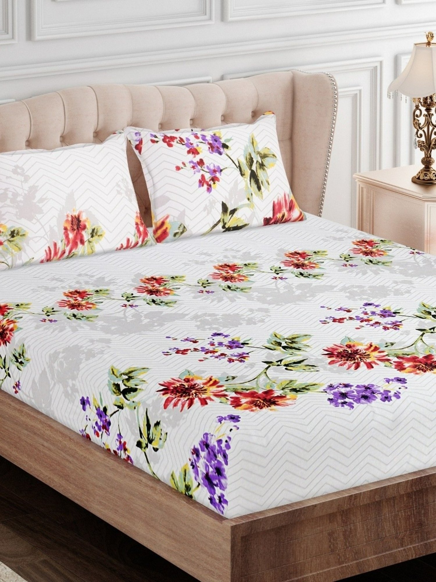 SEJ by Nisha Gupta Floral Purple 160 TC Cotton Double Bed Sheet with 2 Pillow Covers
