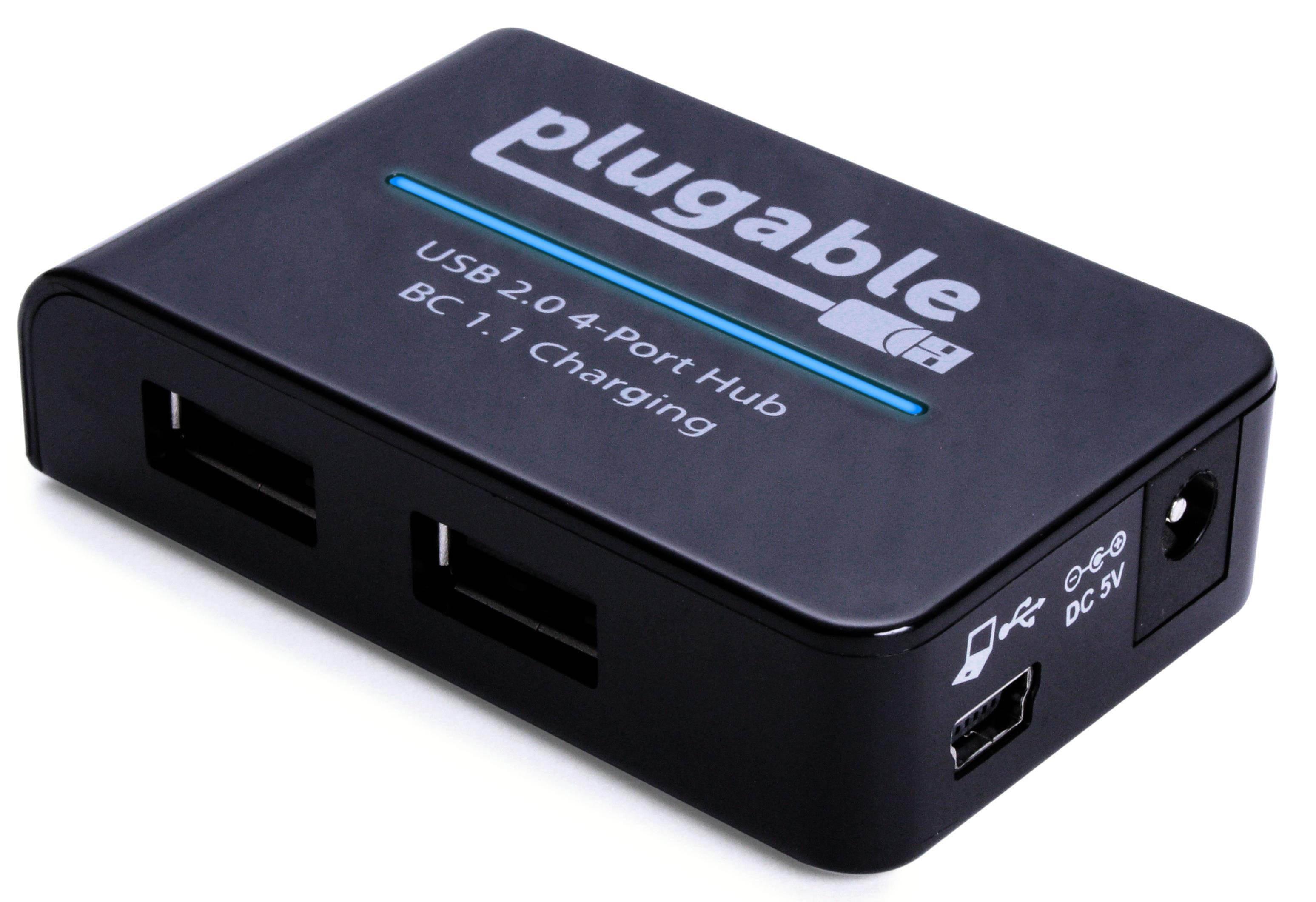 Plugable USB 2.0 4-Port High Speed Hub with 12.5W Power Adapter.