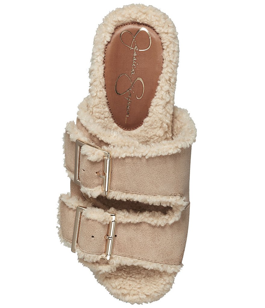 Jessica Simpson Cyriss Suede Faux Shearling Studded Buckle Wedges