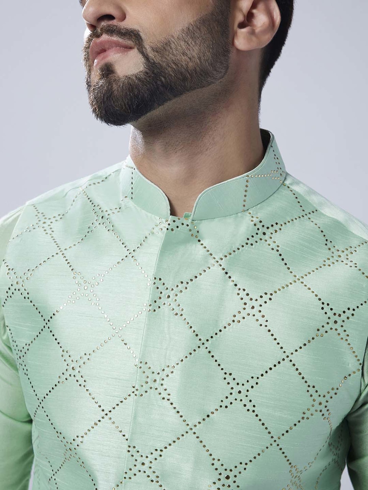 KISAH Sea Green & Cream Regular Fit Embellished Kurta & Churidar With Nehru Jacket