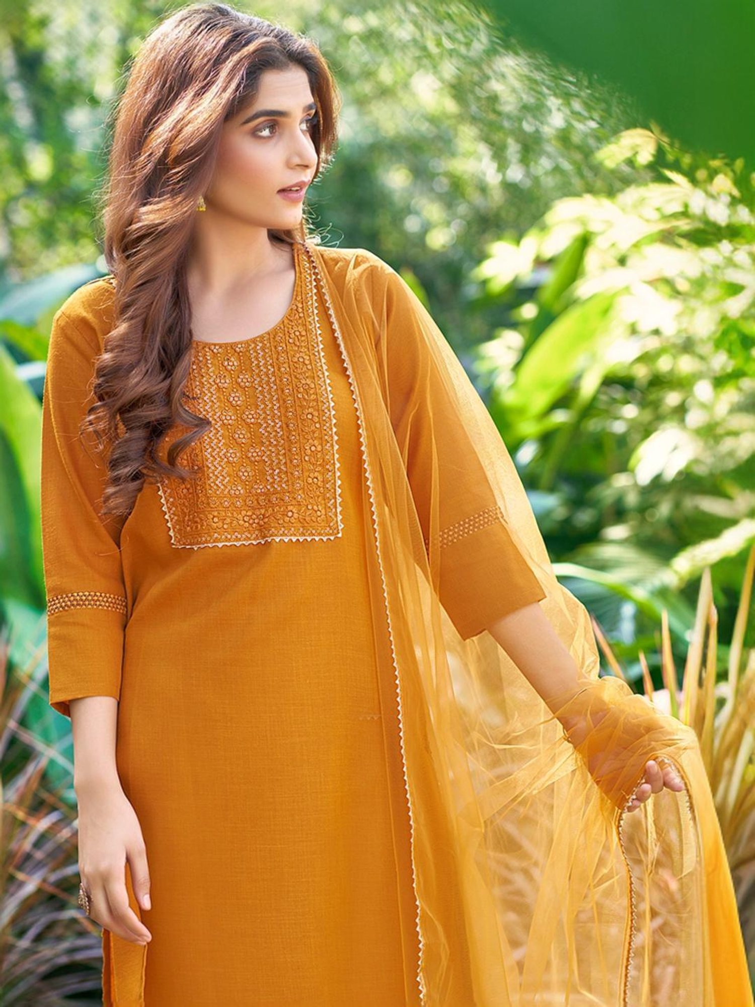 Skylee Yellow Embroidered Kurta Pant Set With Dupatta