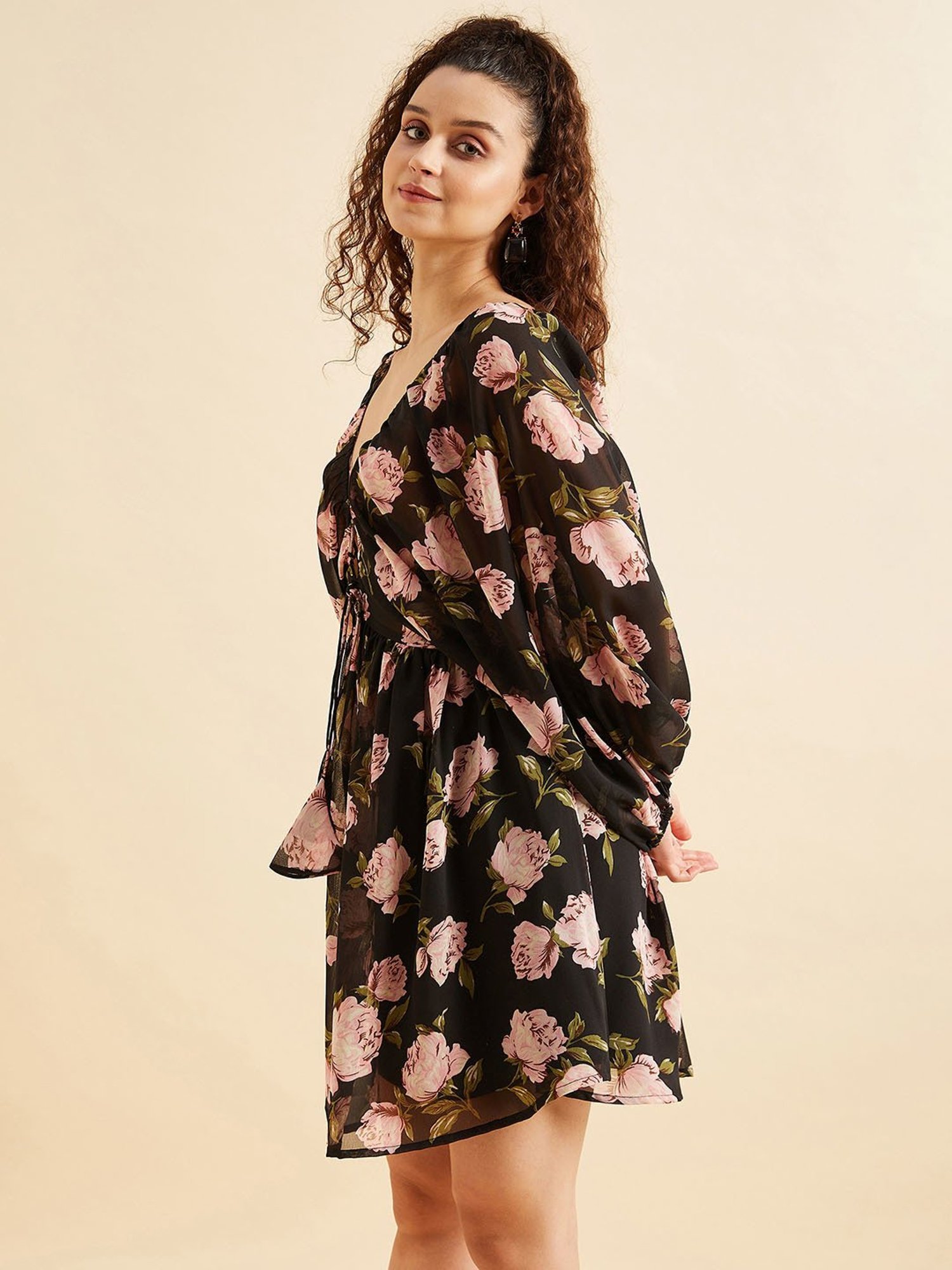 PANIT Black Floral Print Ethnic Dress
