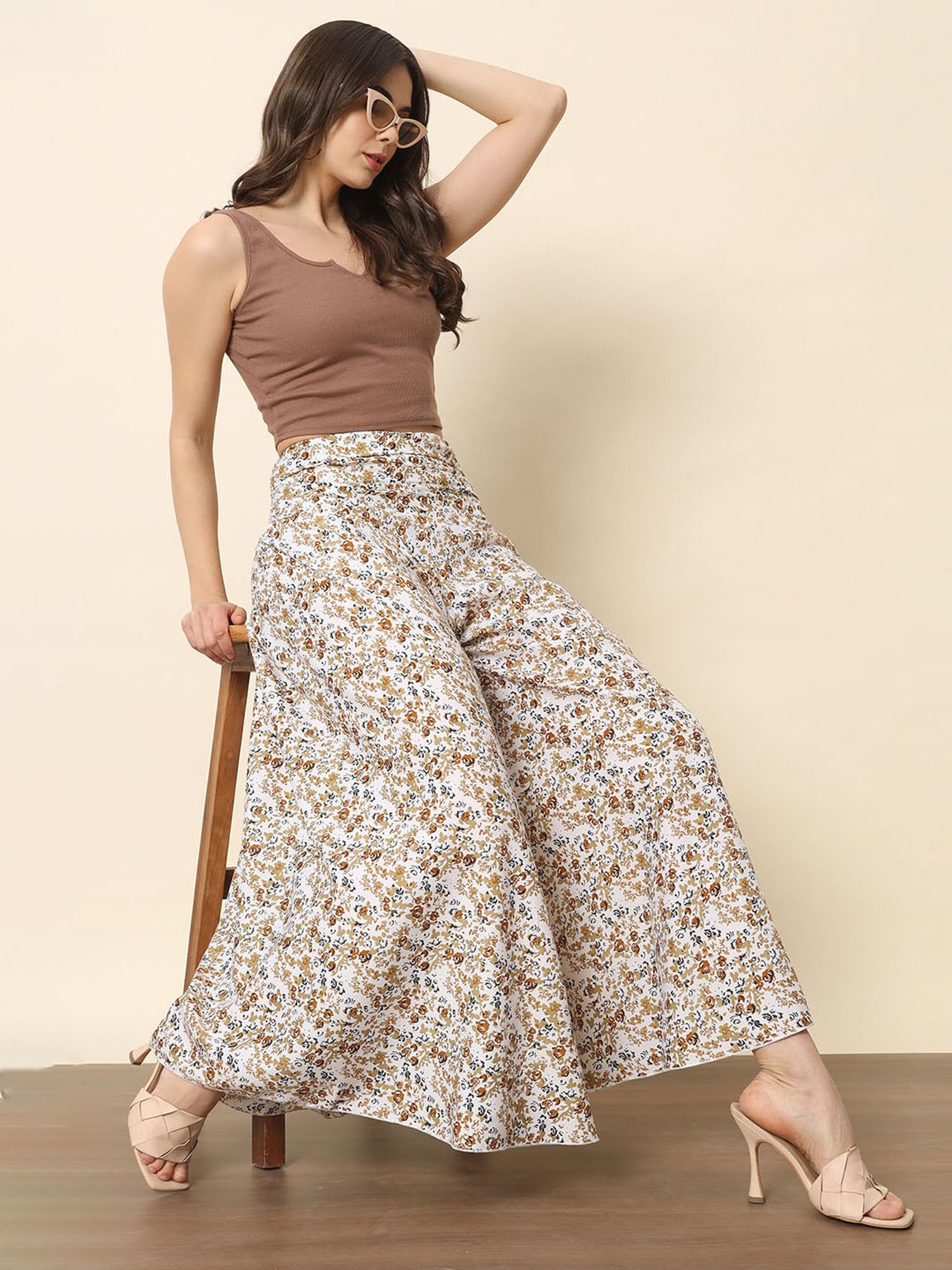 Trend Arrest Off White Printed Flared Fit High Rise Palazzos
