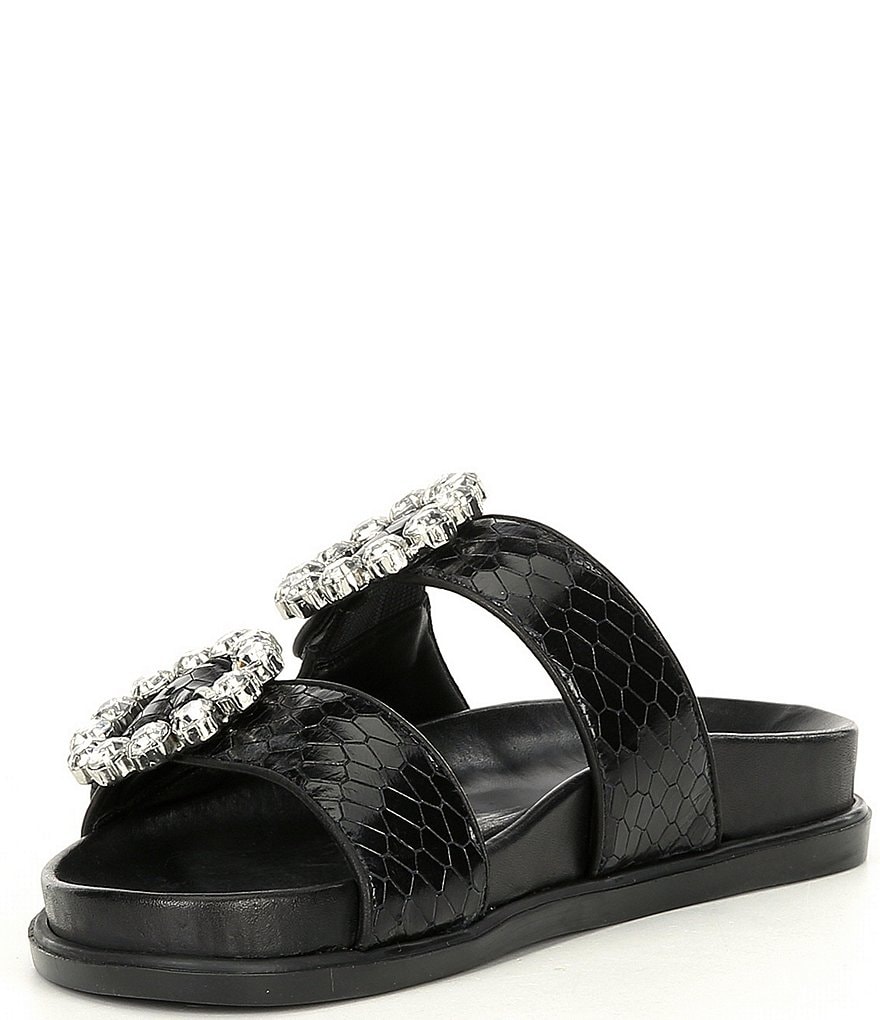 Schutz Ariel Leather Crystal Buckle Detail Flatform Footbed Sandals