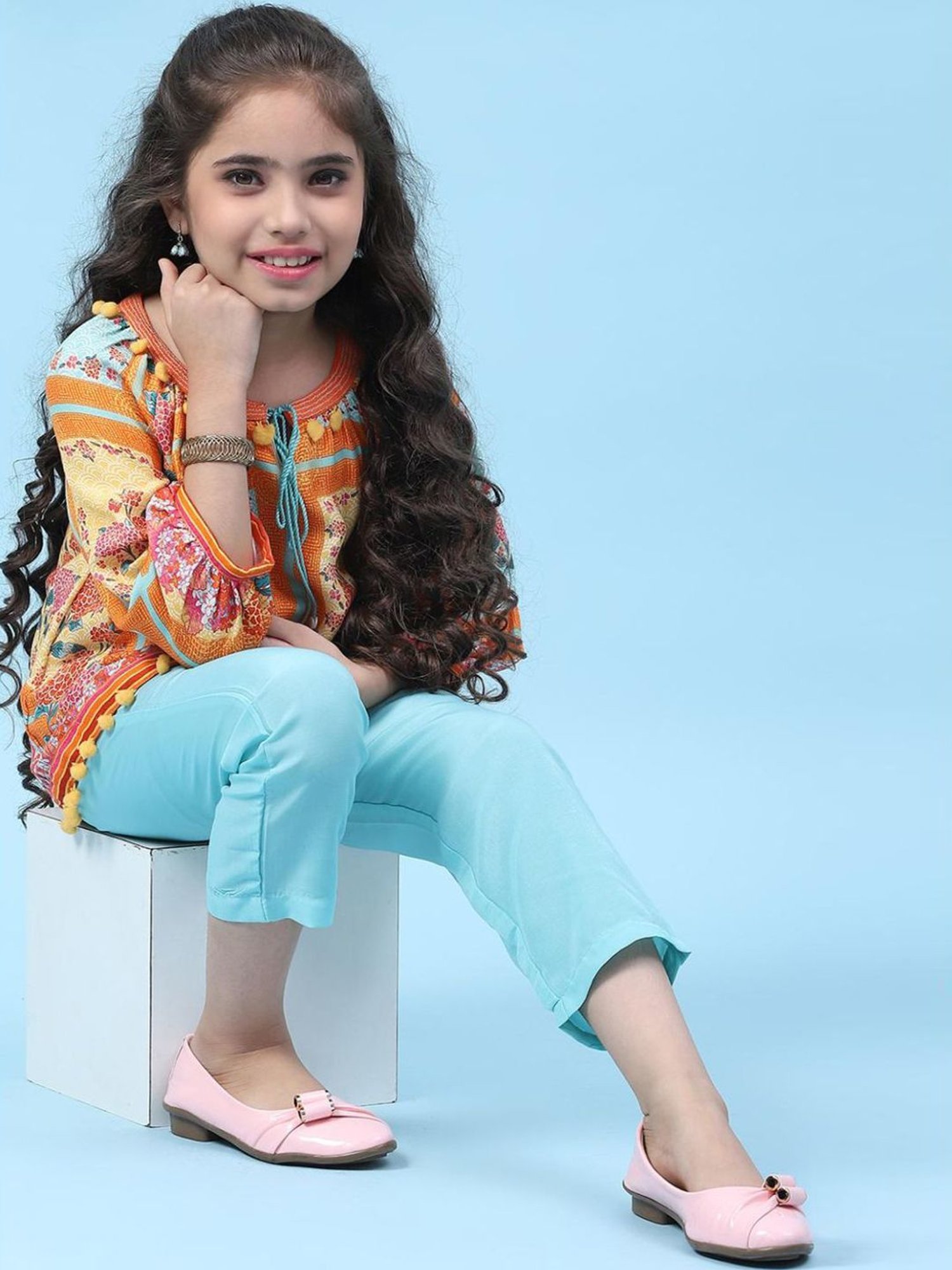 Biba Kids Orange & Sky Blue Printed Top