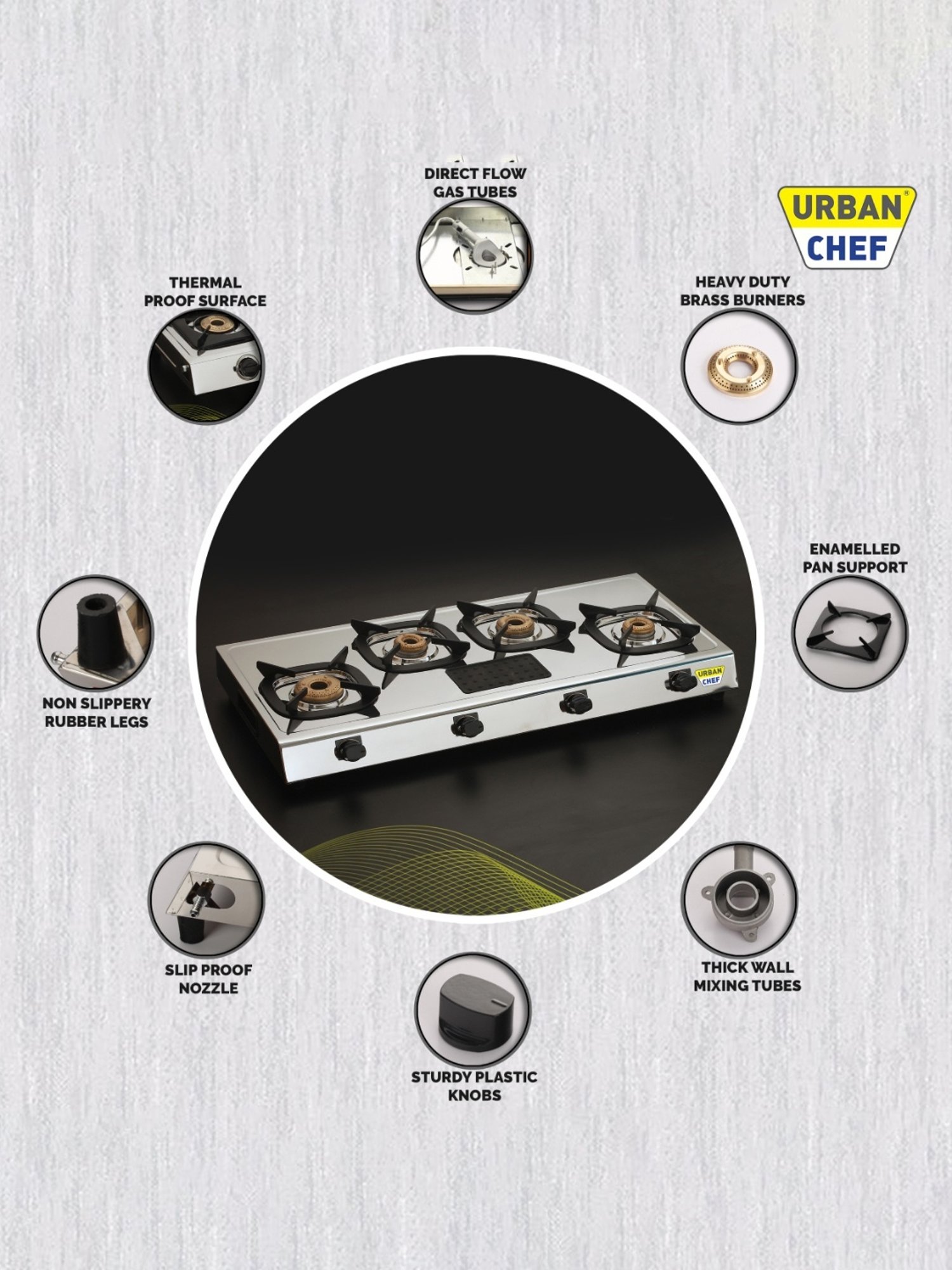 Urban Chef Gas Stove with 4 burners ( Silver/Black )