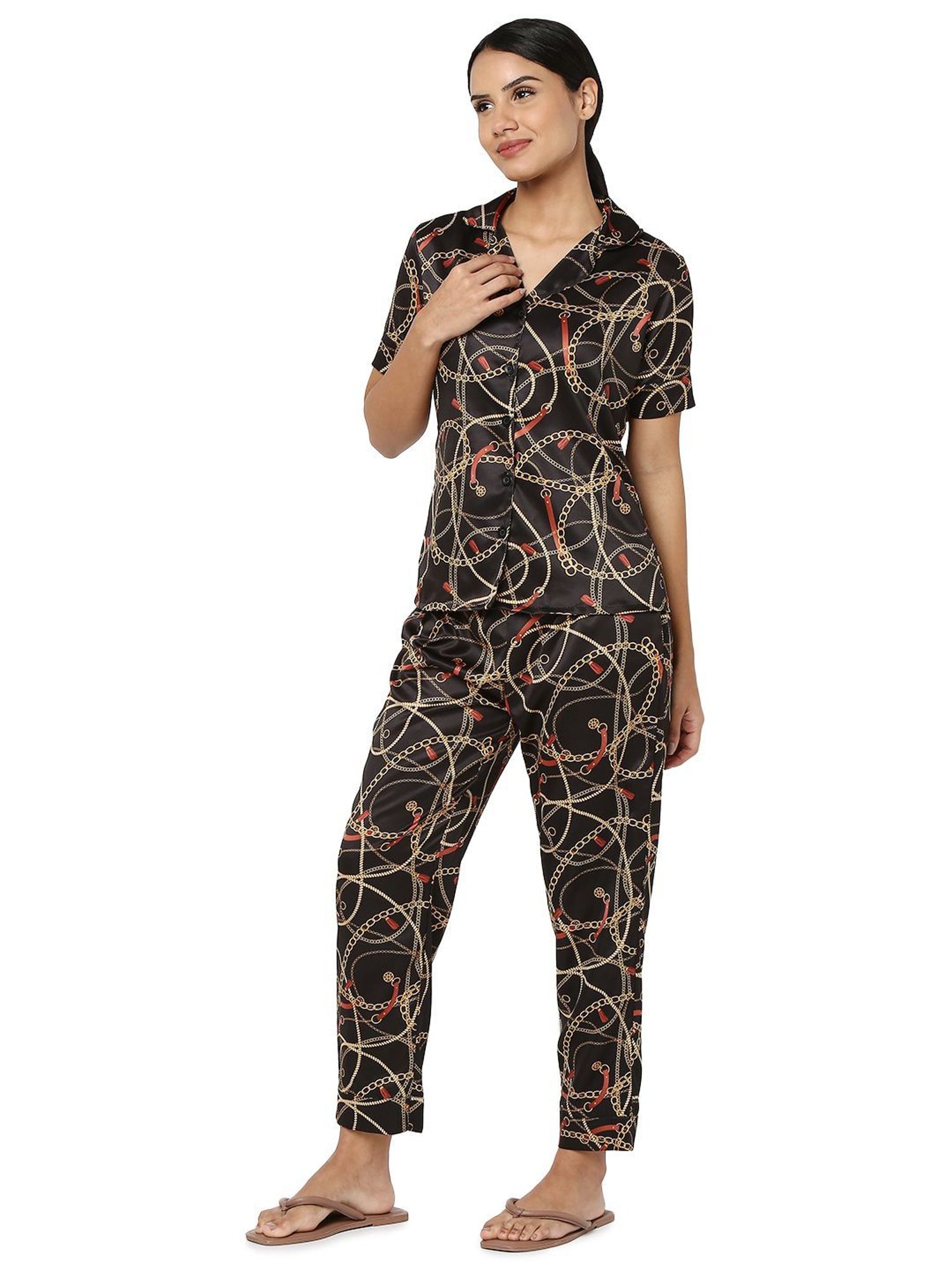 Smarty Pants Black Satin Print Shirt With Pyjamas
