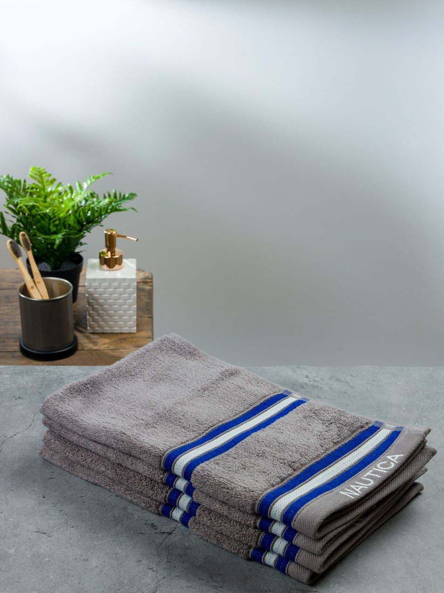 Nautica Vintage Crew Stripe Grey Cotton 500 GSM Super Soft Zero Twist Hand Towel - Set of 4