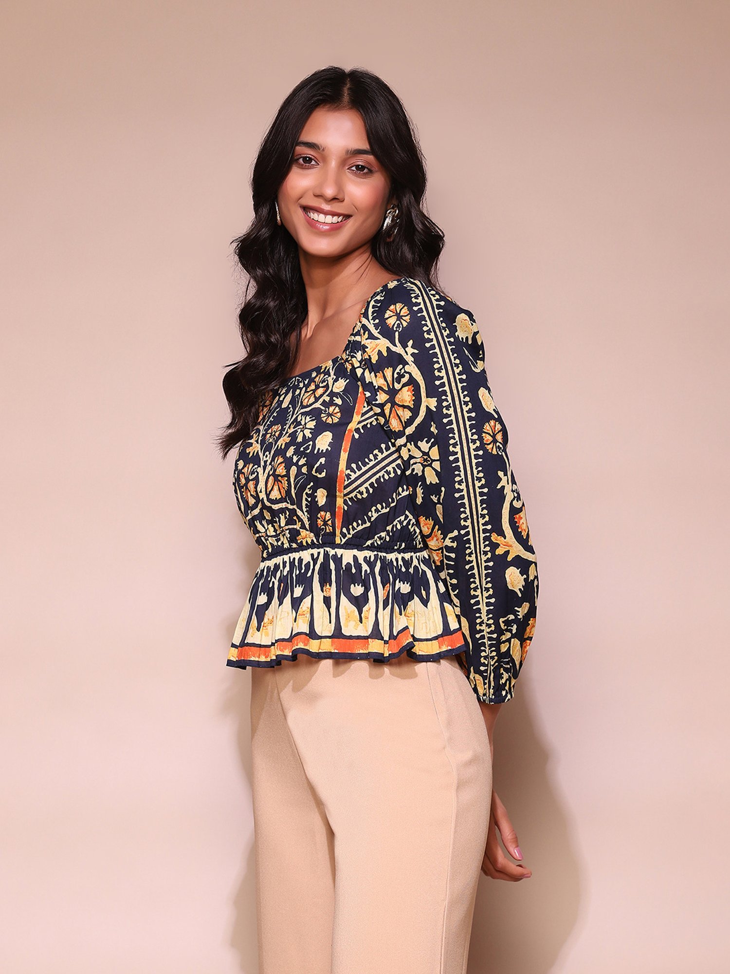 Label Ritu Kumar Navy Printed Peplum Top