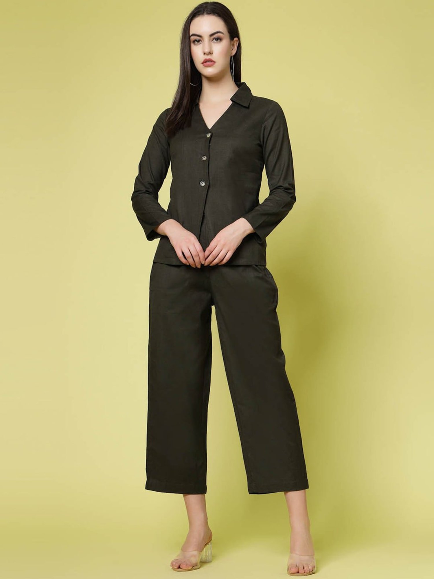 Melon by PlusS Olive Cotton Shirt With Trousers