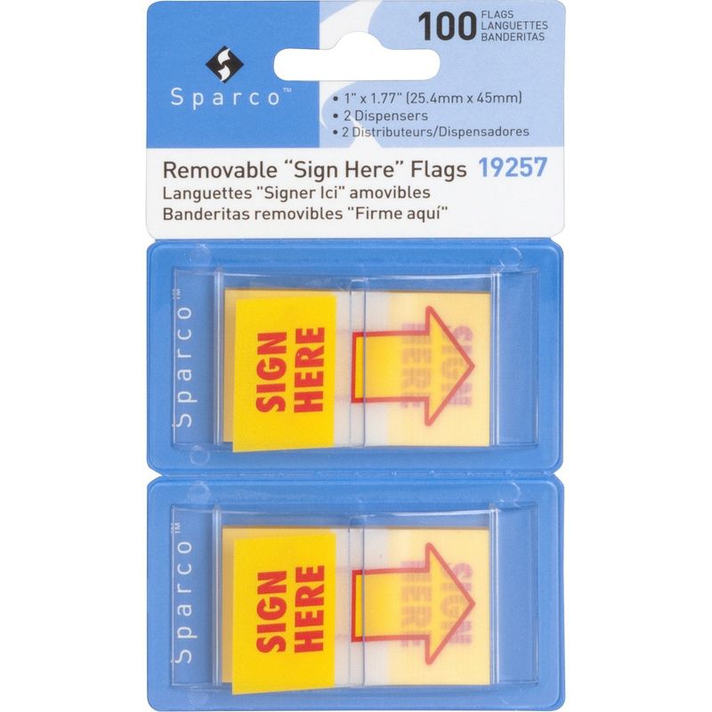 Sparco Sign Here Arrow Flags Dispenser 1"x1-3/4" 100/PK Yellow 19257