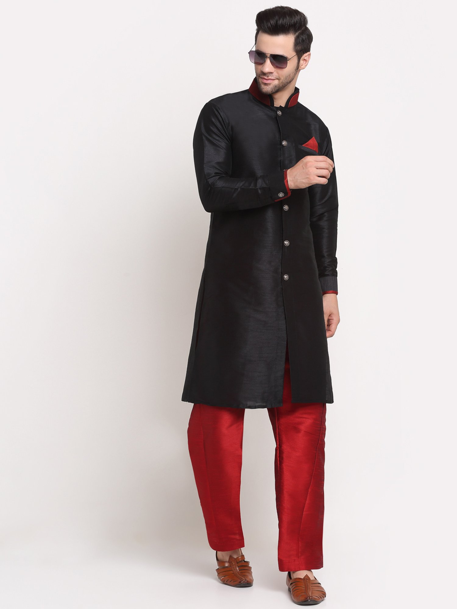 Benstoke Black & Maroon Regular Fit Sherwani Set