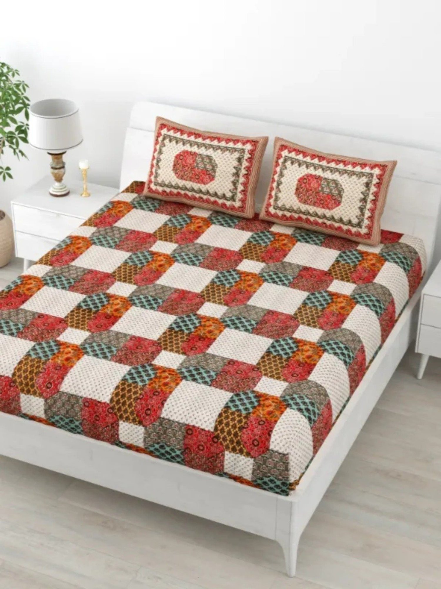 Living Roots Printed Red 240 TC Cotton Bedsheet with 2 Pillow Covers