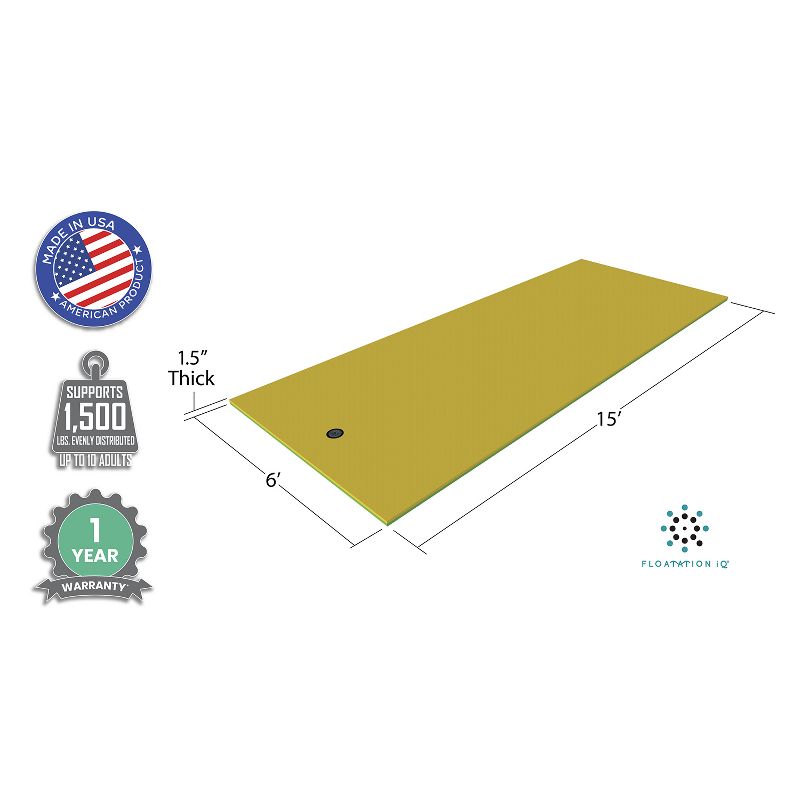 Floatation iQ Floating Oasis 15 x 6 Foot Foam Island Water Pool Lake Lounger Play Pad Mat, Lime and Yellow
