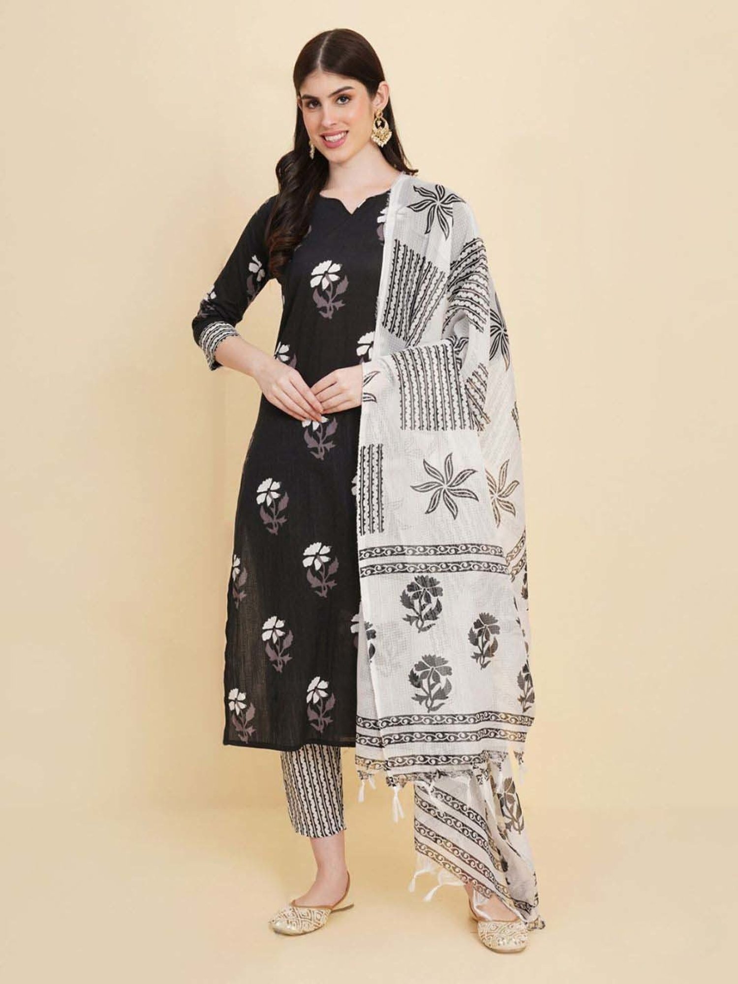 Odette Black Floral Print Kurta & Pant Set with Dupatta