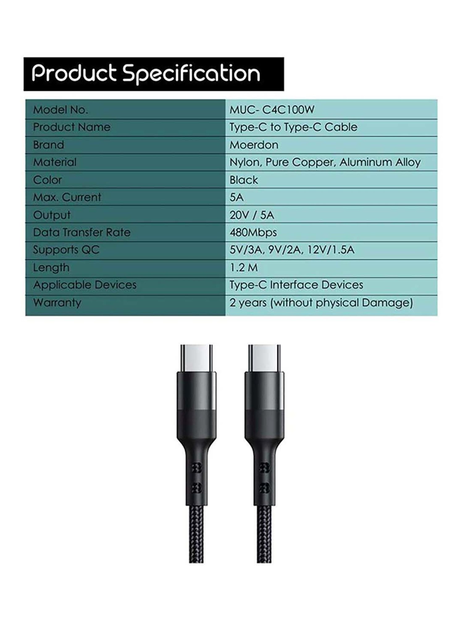 Moerdon MUC-C4C100W 100 Watt Fast Charging Data transfer Cable (Black)
