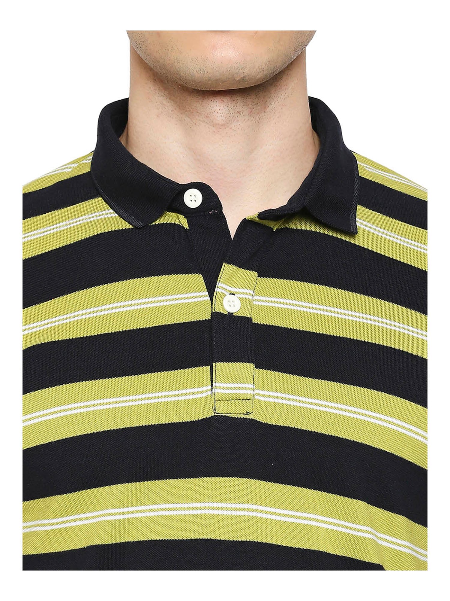 Mufti Lime Green & Navy Blue Striped Polo T-Shirt