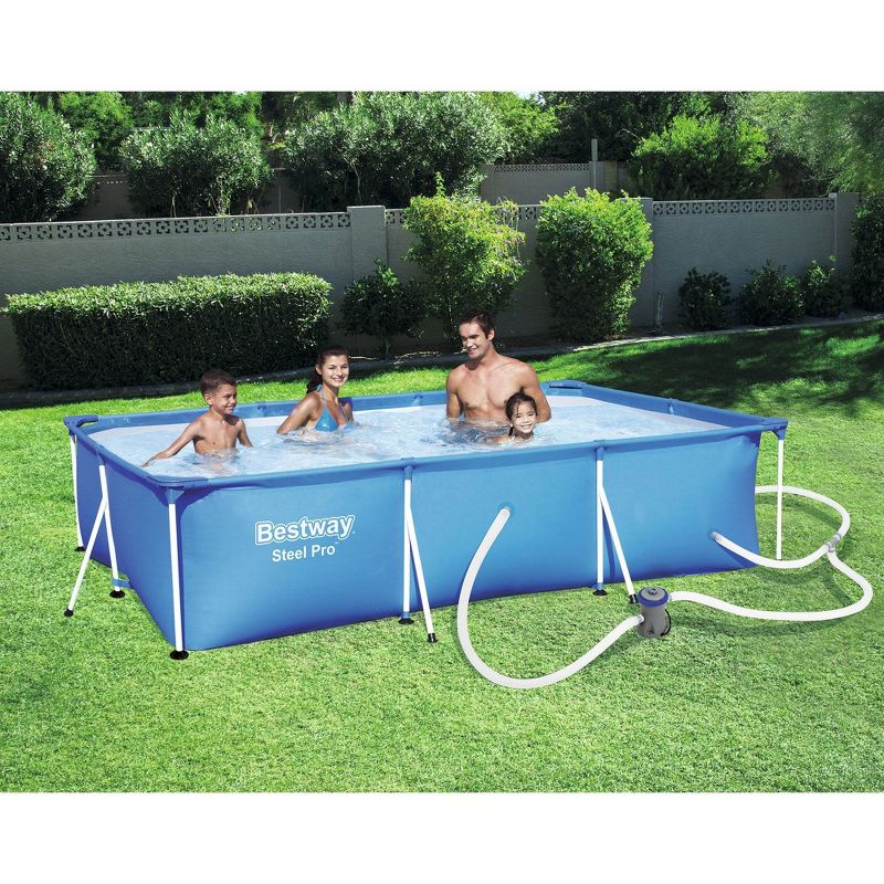 Bestway 56412E Steel Pro 9.8ft x 6.6ft x 26in Outdoor Rectangular Frame Above Ground Swimming Pool Set with 330 GPH Filter Pump and Repair Patch, Blue